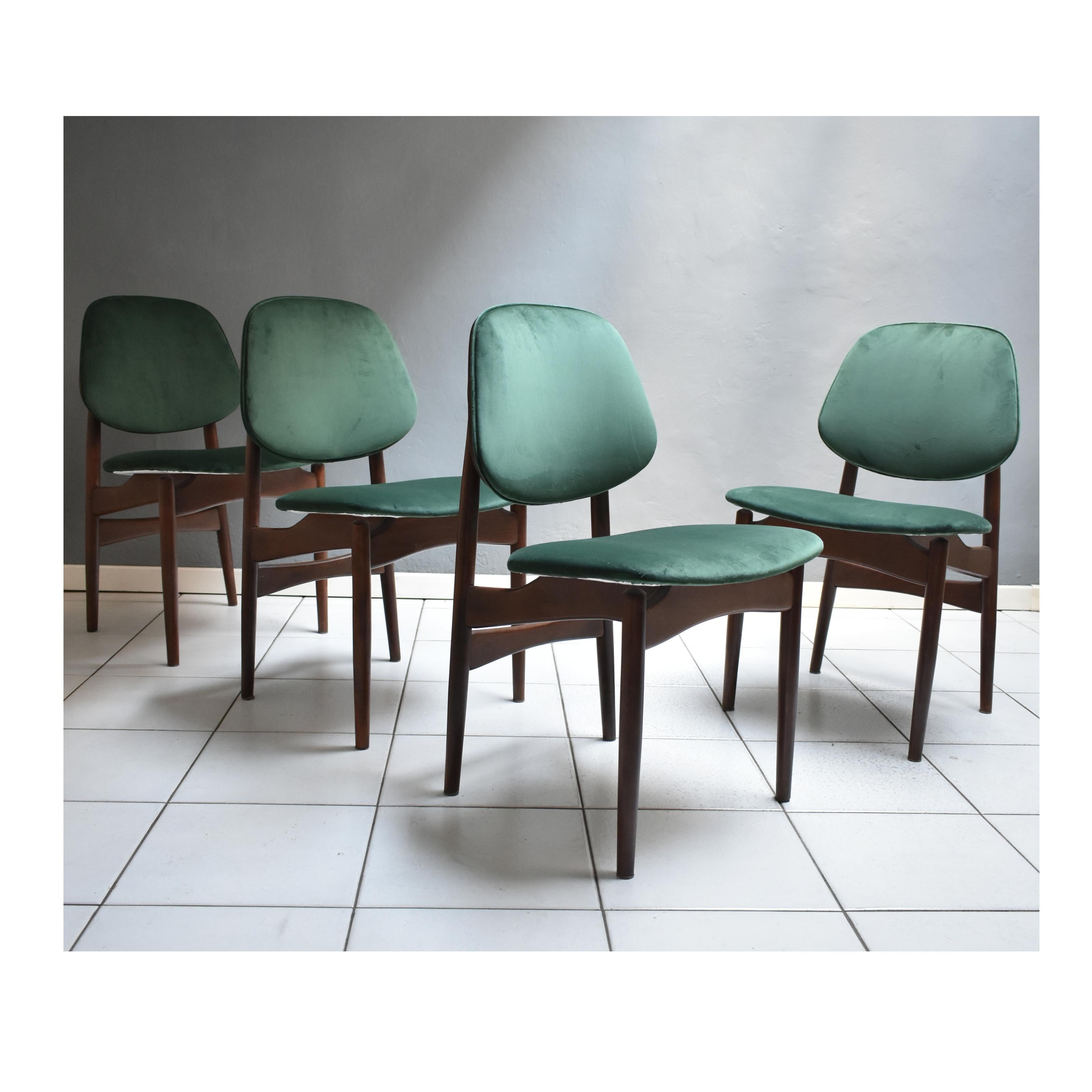 Mid-Century Modern  Set of 4 Dining Chairs, 1960 Wooden Frame Upholstery in Green Velvet