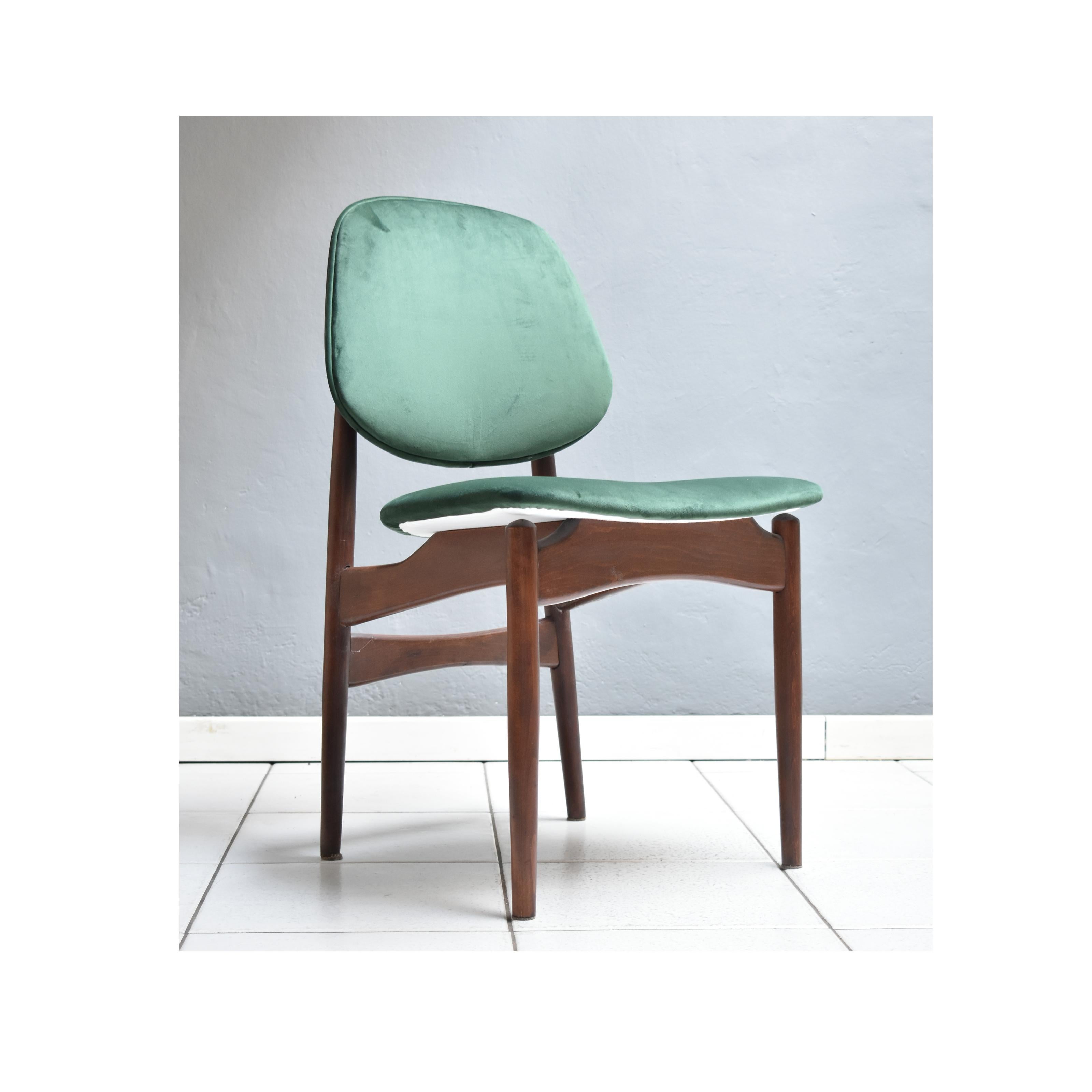 Italian  Set of 4 Dining Chairs, 1960 Wooden Frame Upholstery in Green Velvet