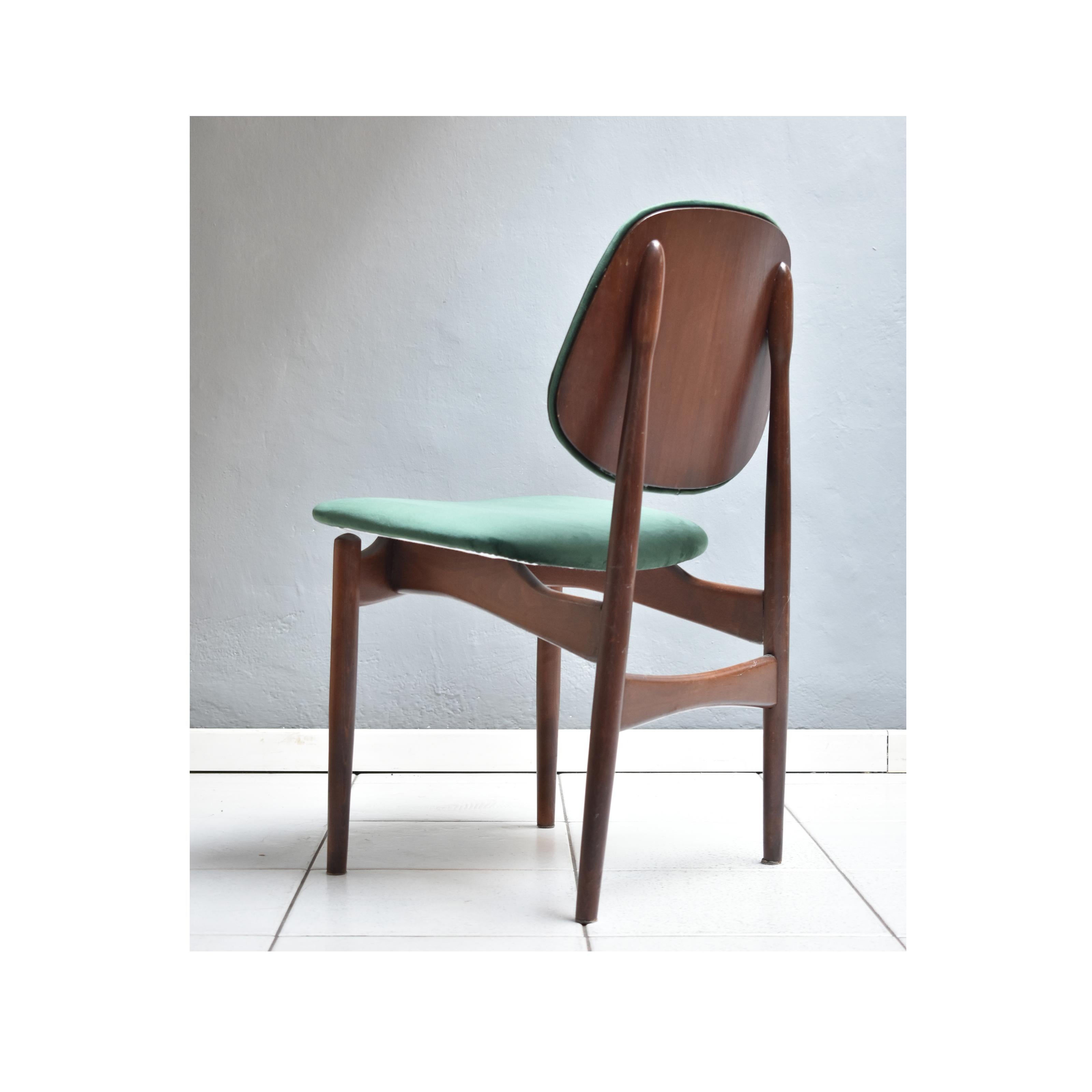  Set of 4 Dining Chairs, 1960 Wooden Frame Upholstery in Green Velvet 2
