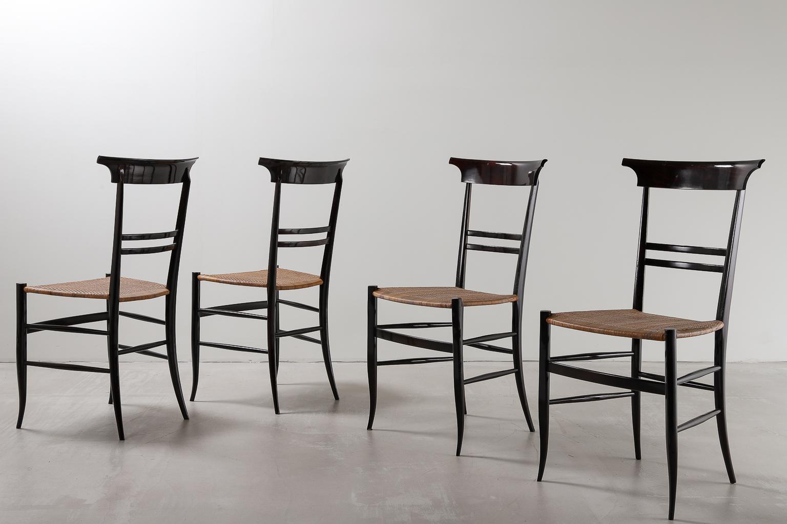 Italian Set of 4 Dining Chairs, Black Frame and Cane Seat
