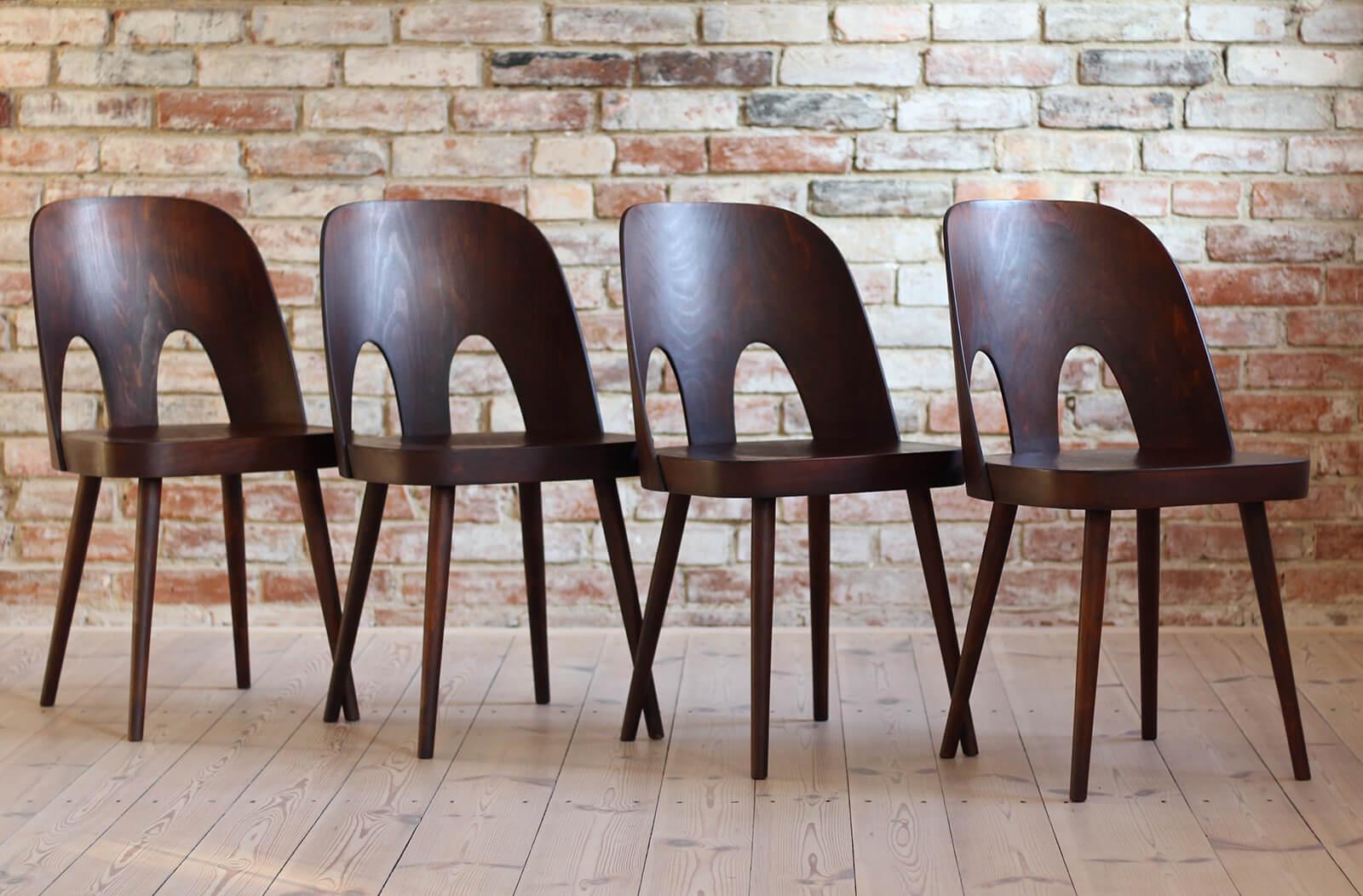 Czech Set of 4 Dining Chairs by Oswald Haerdtl, Beech Veneer, Oil Finish, Midcentury For Sale