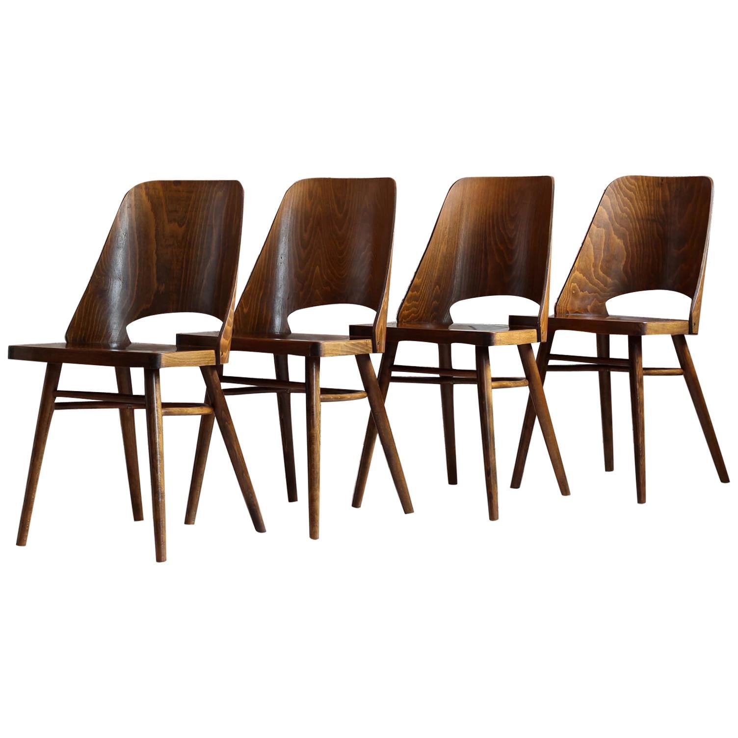 Set of 4 Dining Chairs by Radomir Hofman for TON, Model 514, Beech Veneer