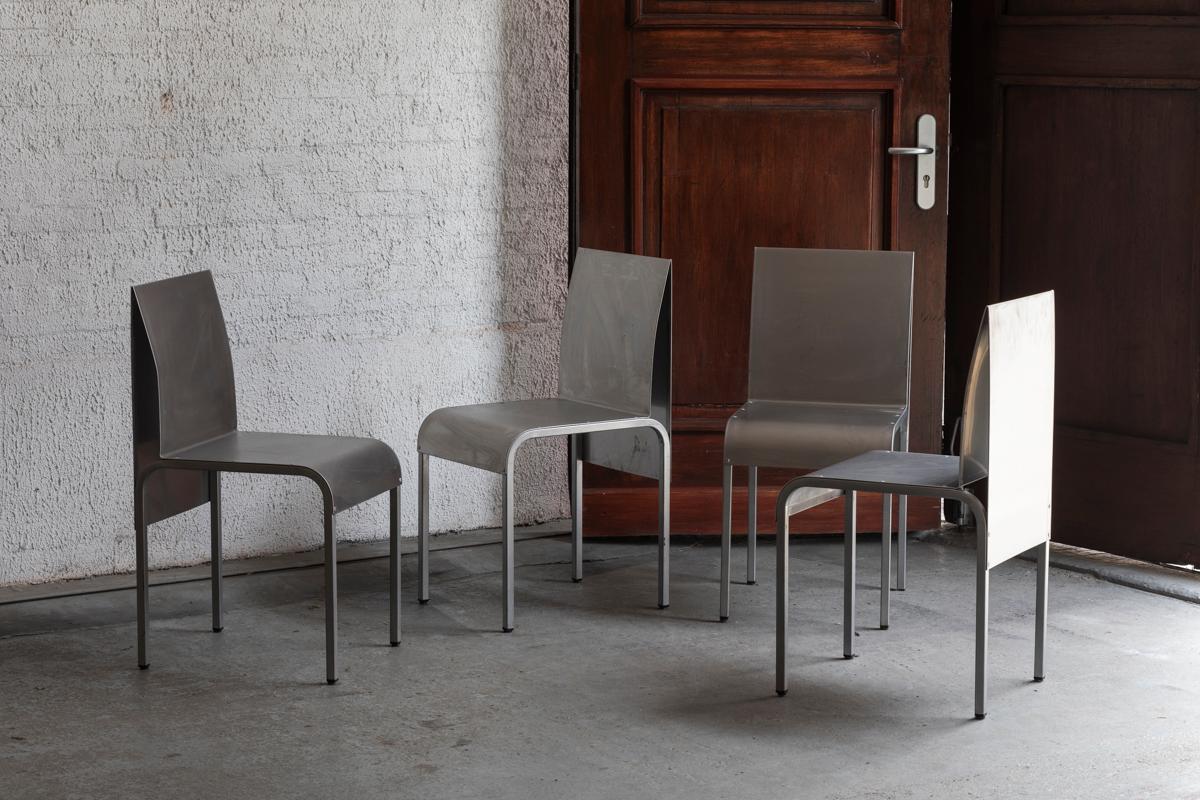 Set of 4 Dining Chairs in Bent Aluminum, Belgian design, 1980's 15