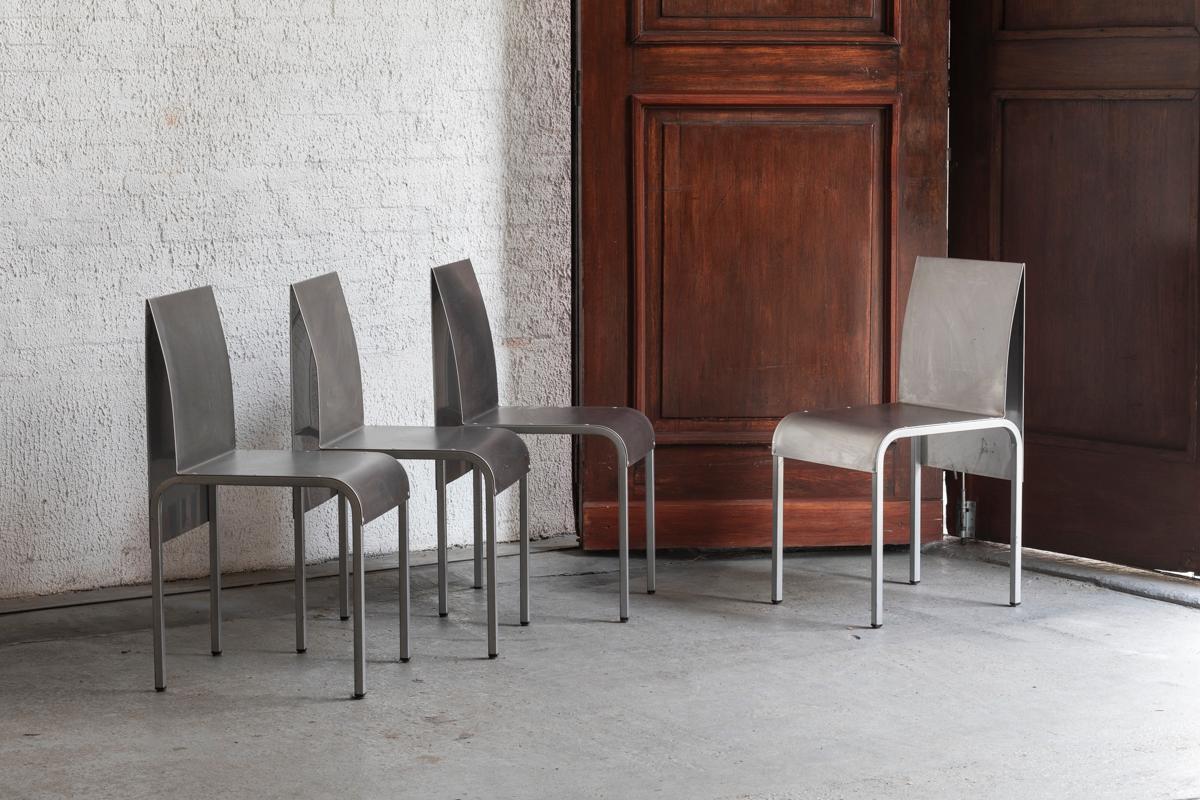 Industrial Set of 4 Dining Chairs in Bent Aluminum, Belgian design, 1980's
