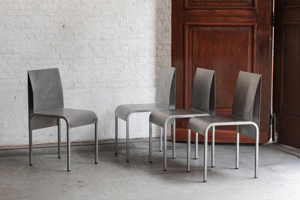 Set of 4 Dining Chairs in Bent Aluminum, Belgian design, 1980's 1