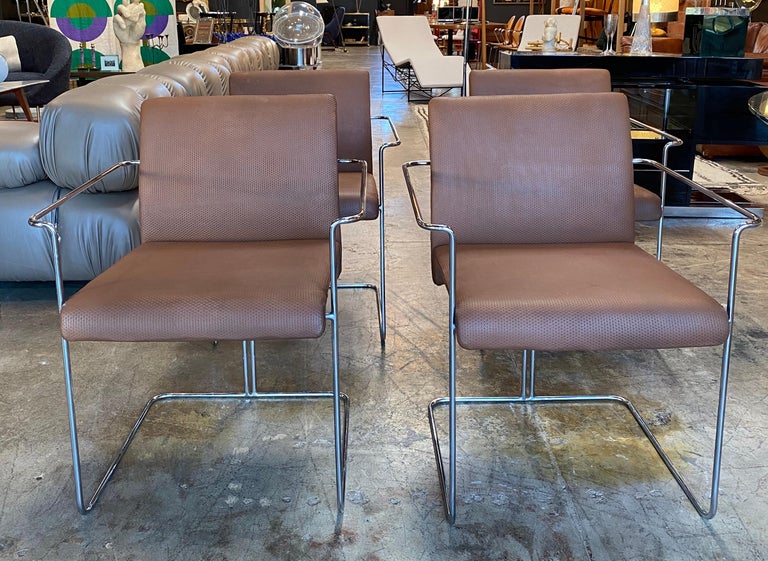 Mid-Century Modern Set of 4 Dining Chairs Leather and Chrome by F.ll Saporiti, 1970s For Sale