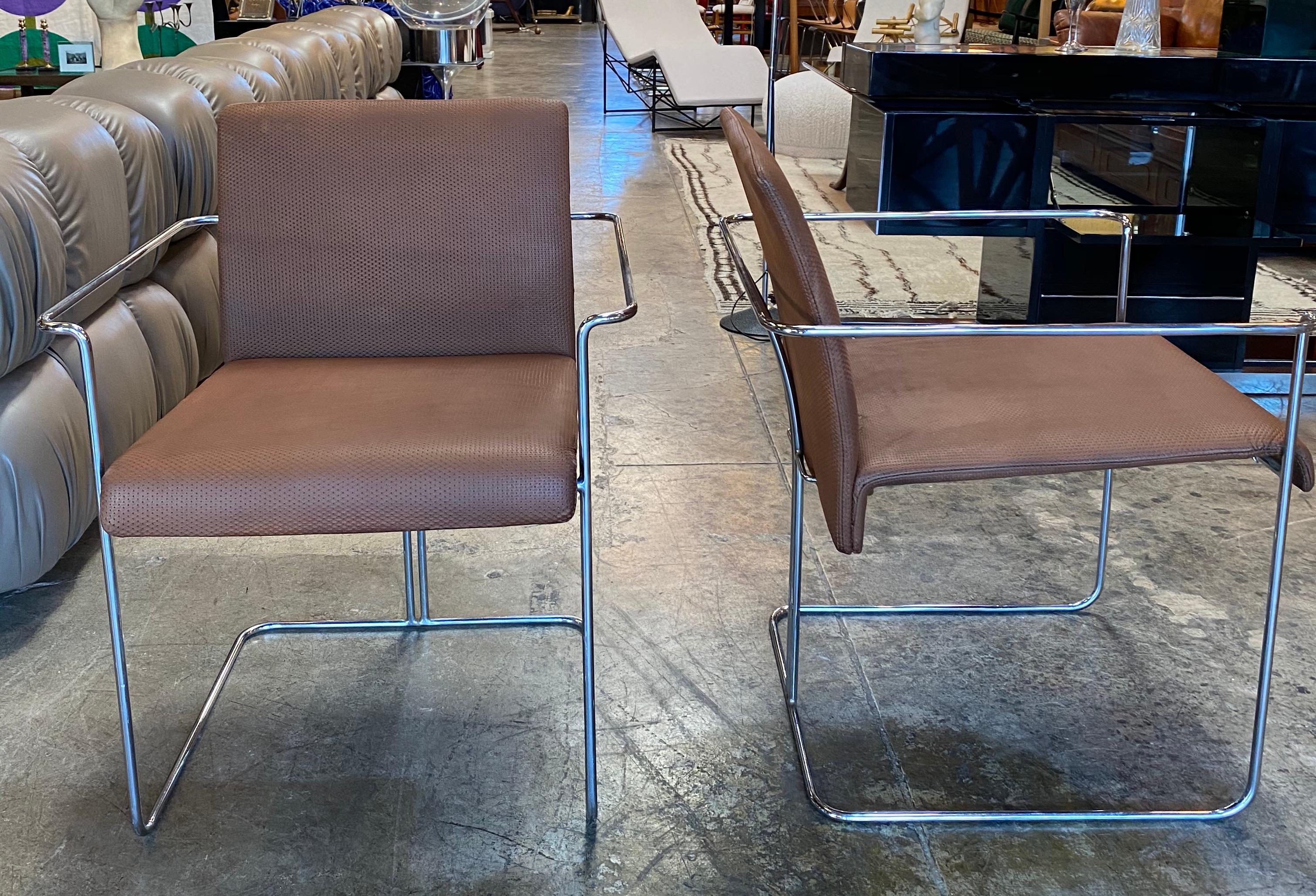 Set of 4 Dining Chairs Leather and Chrome by F.ll Saporiti, 1970s In Good Condition For Sale In Los Angeles, CA
