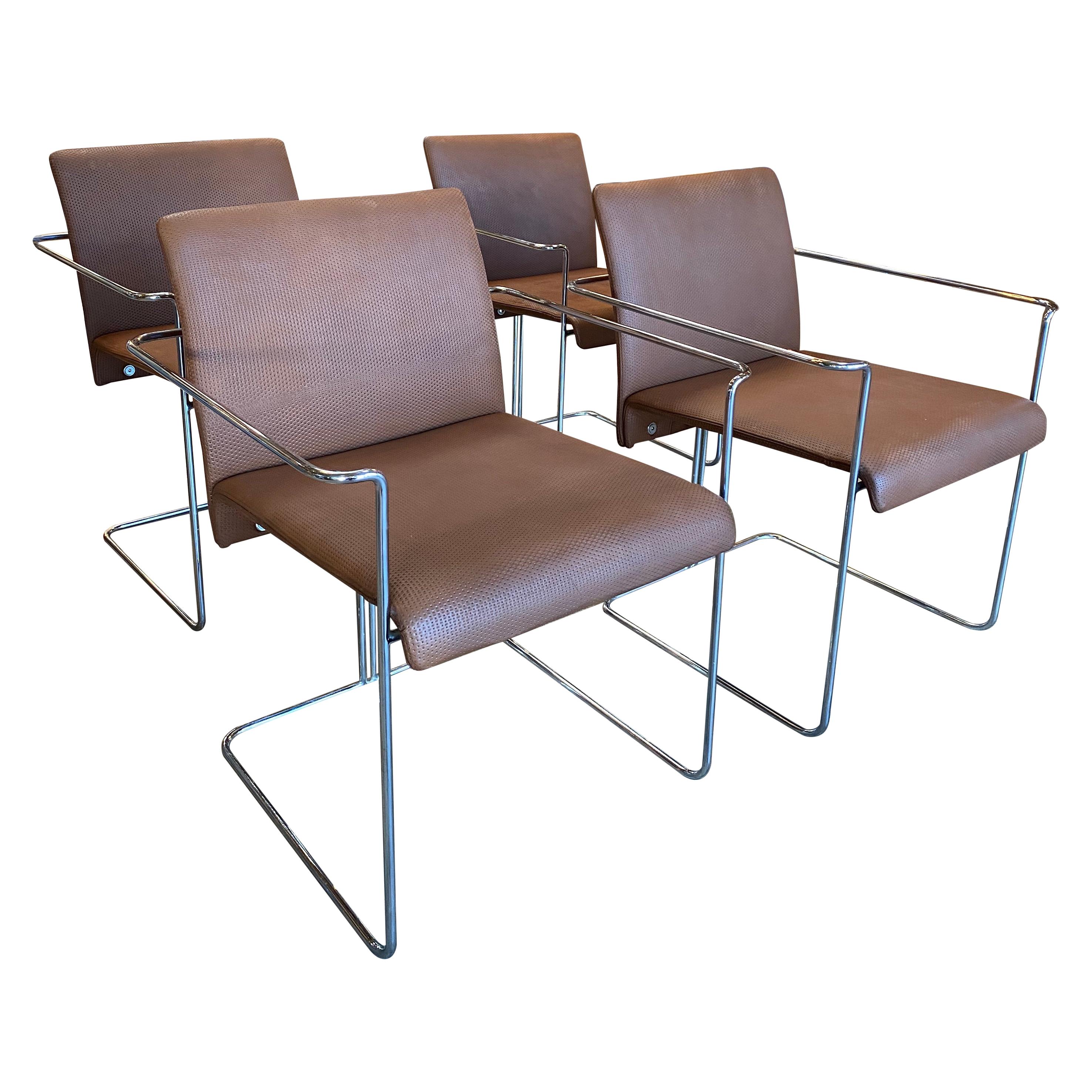 Set of 4 Dining Chairs Leather and Chrome by F.ll Saporiti, 1970s