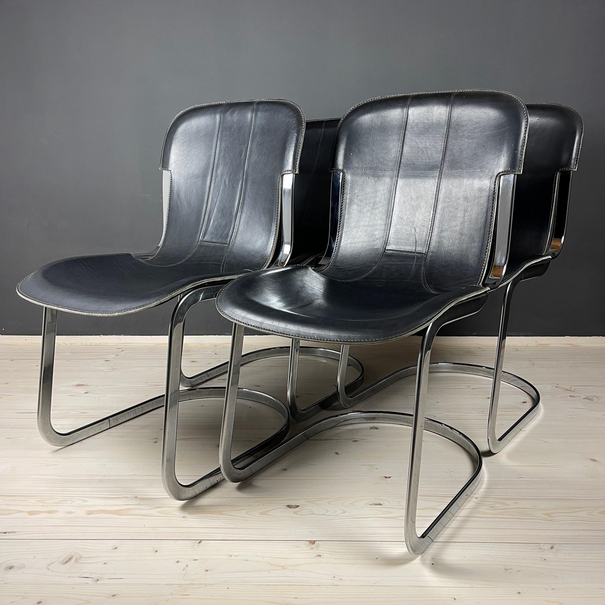 Set of 4 dining chairs Model C2 by Willy Rizzo For Cidue was made in Italy in the 1970s. An ingenious photographer turned furniture designer because, according to him, 