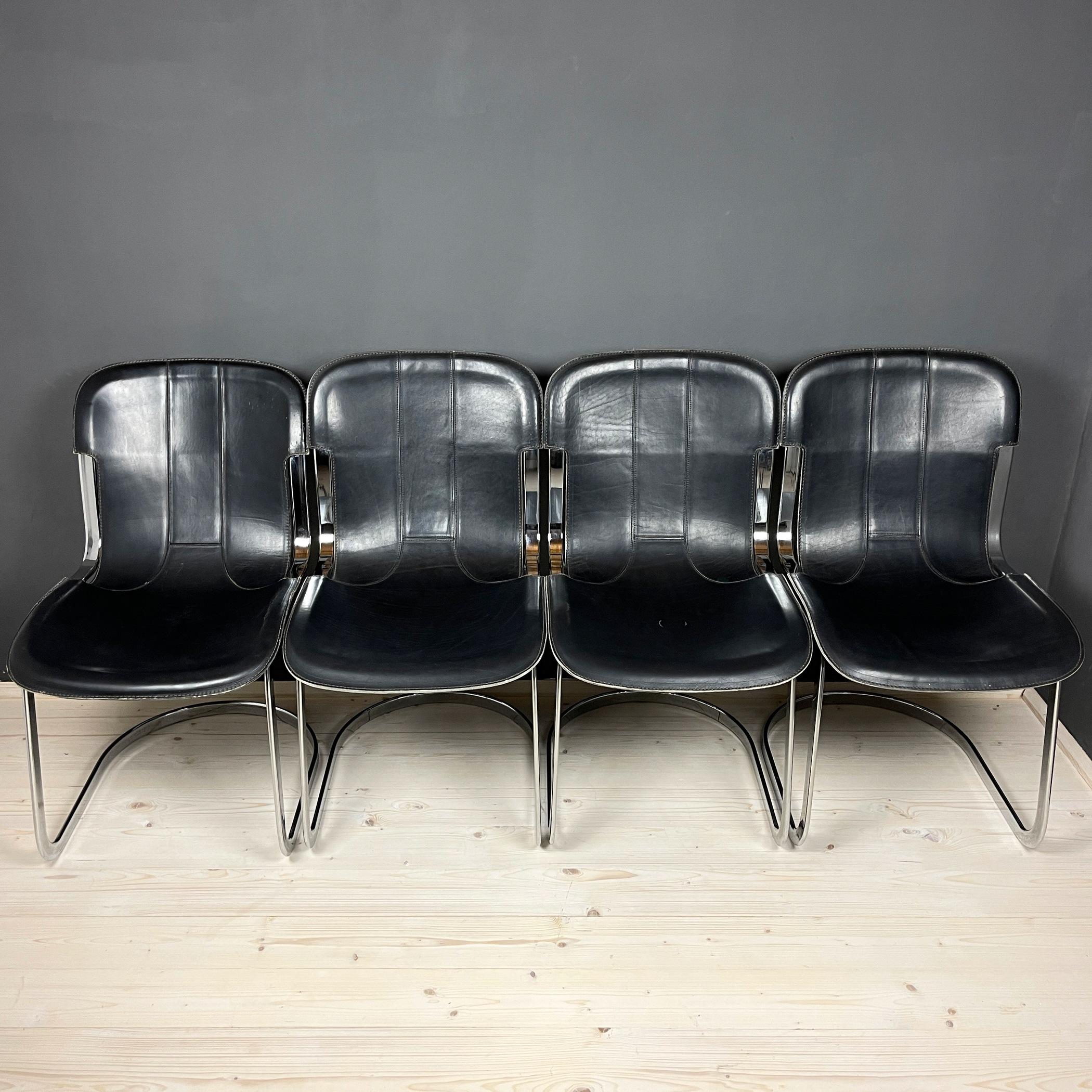 Mid-Century Modern Set of 4 Dining Chairs Model C2 by Willy Rizzo for Cidue Italy 1970s