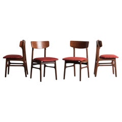 Set of 4 Dining Chairs, Teak Frame, Brass Details, Red Fabric, Dutch Design, 60s