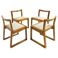 Set of 4 Dining Chairs Wood Curved Leather Beige Mid-Century Modern Italy 70s