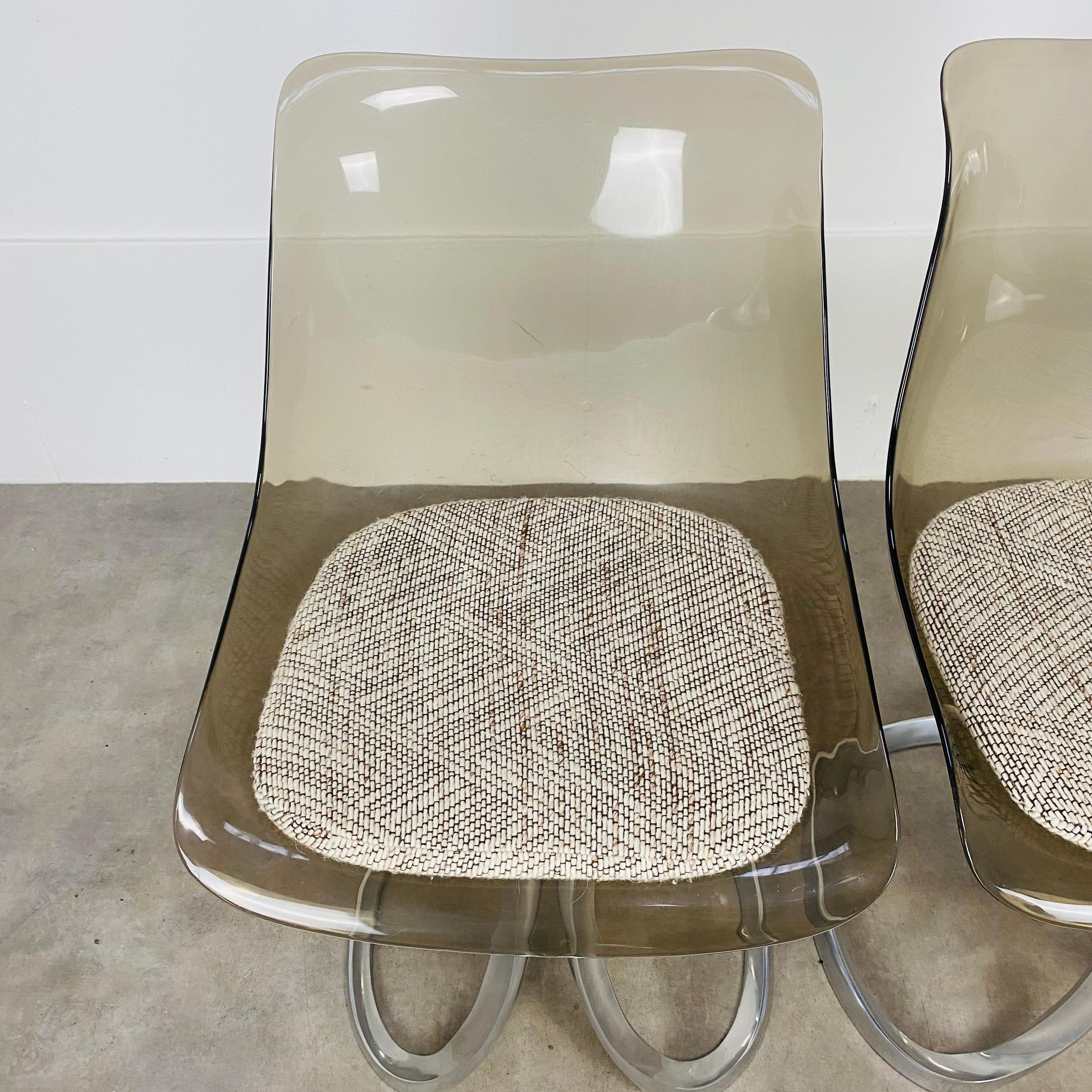 Set of 4 dining room chairs by Michel Charron, plexiglass and aluminium  For Sale 4