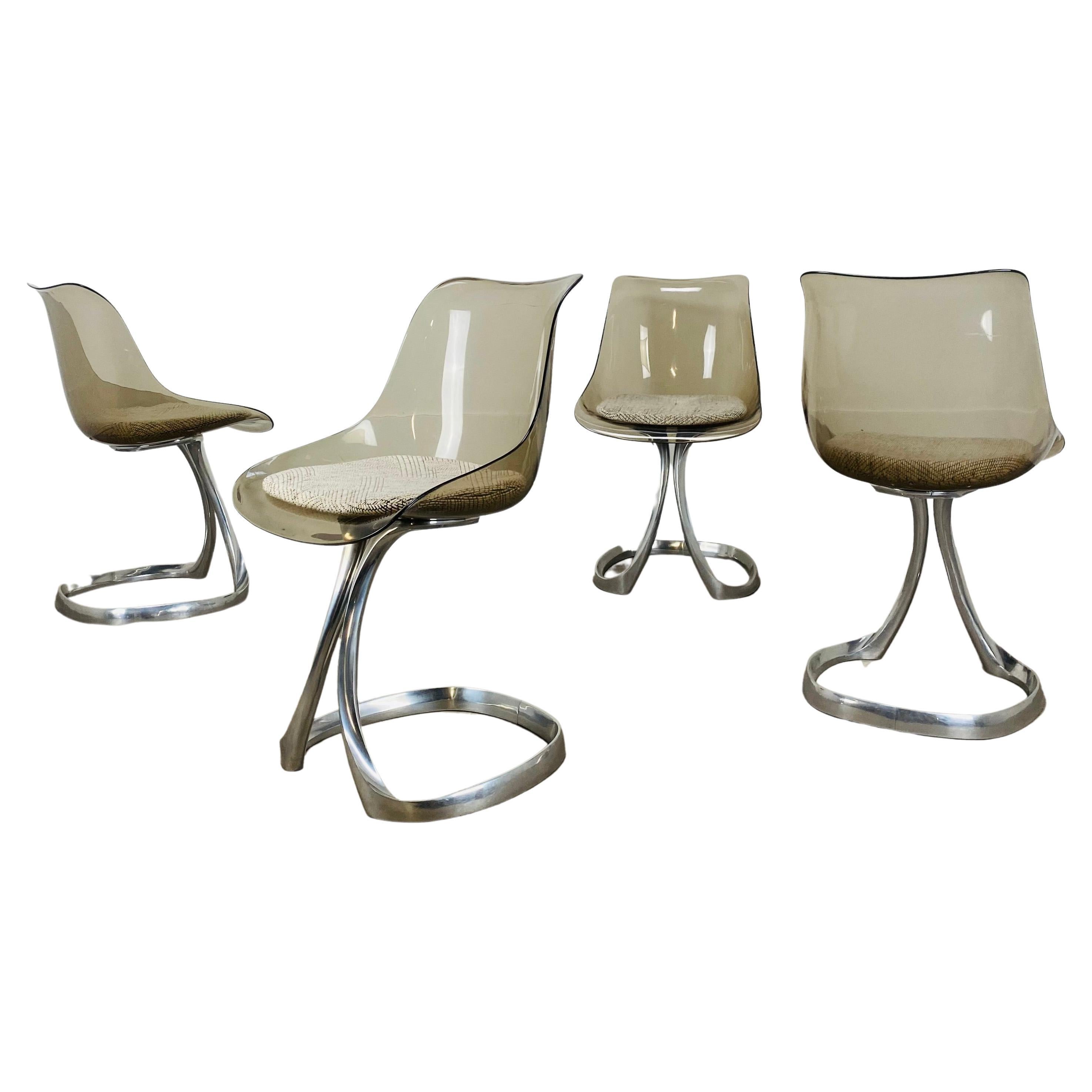 Set of 4 dining room chairs by Michel Charron, plexiglass and aluminium  For Sale