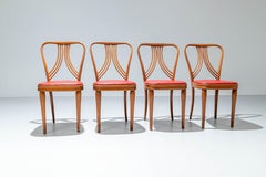 Set of 4 Diningroom Chairs in Blond Wood and Red Faux Leather, Italy, 1950's