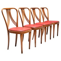 Ensemble de 4 chaises de salle à manger en bois blond et faux cuir rouge, Italie, années 1950