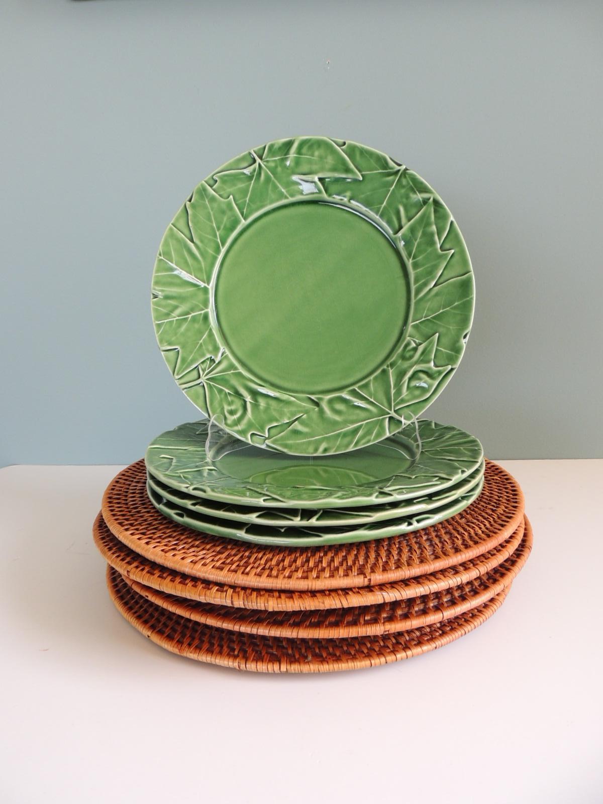 Set of (4) Dinner Plates and Set of (4) Rattan Woven Chargers For Sale