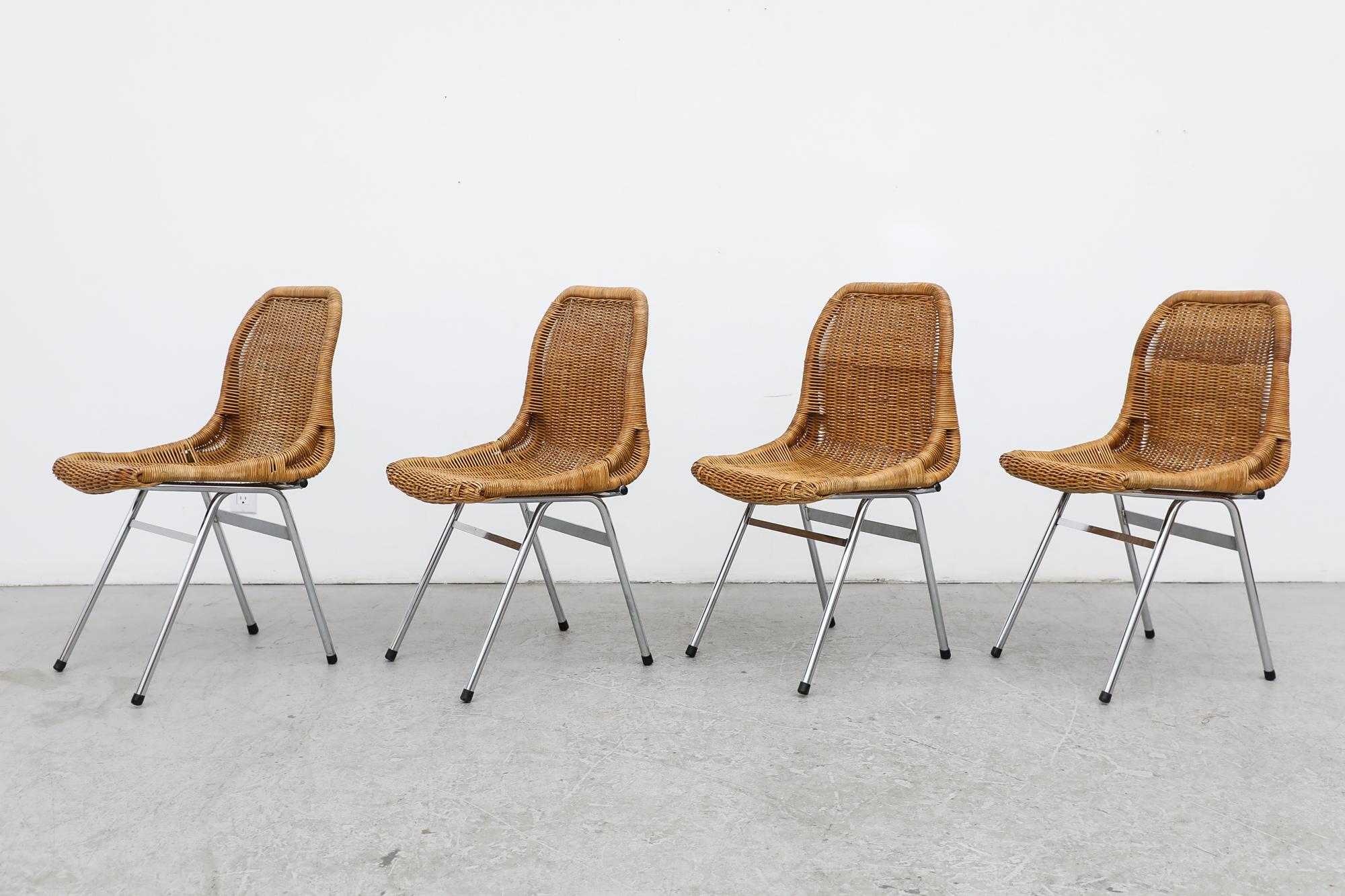 Mid-Century Modern Set of 4 Dirk Van Sliedregt Rattan Chairs with Chrome Legs for Rohe Noordwolde