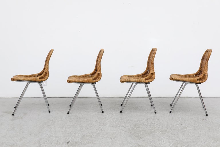 Set of 4 Dirk Van Sliedregt Rattan Chairs with Chrome Legs for Rohe