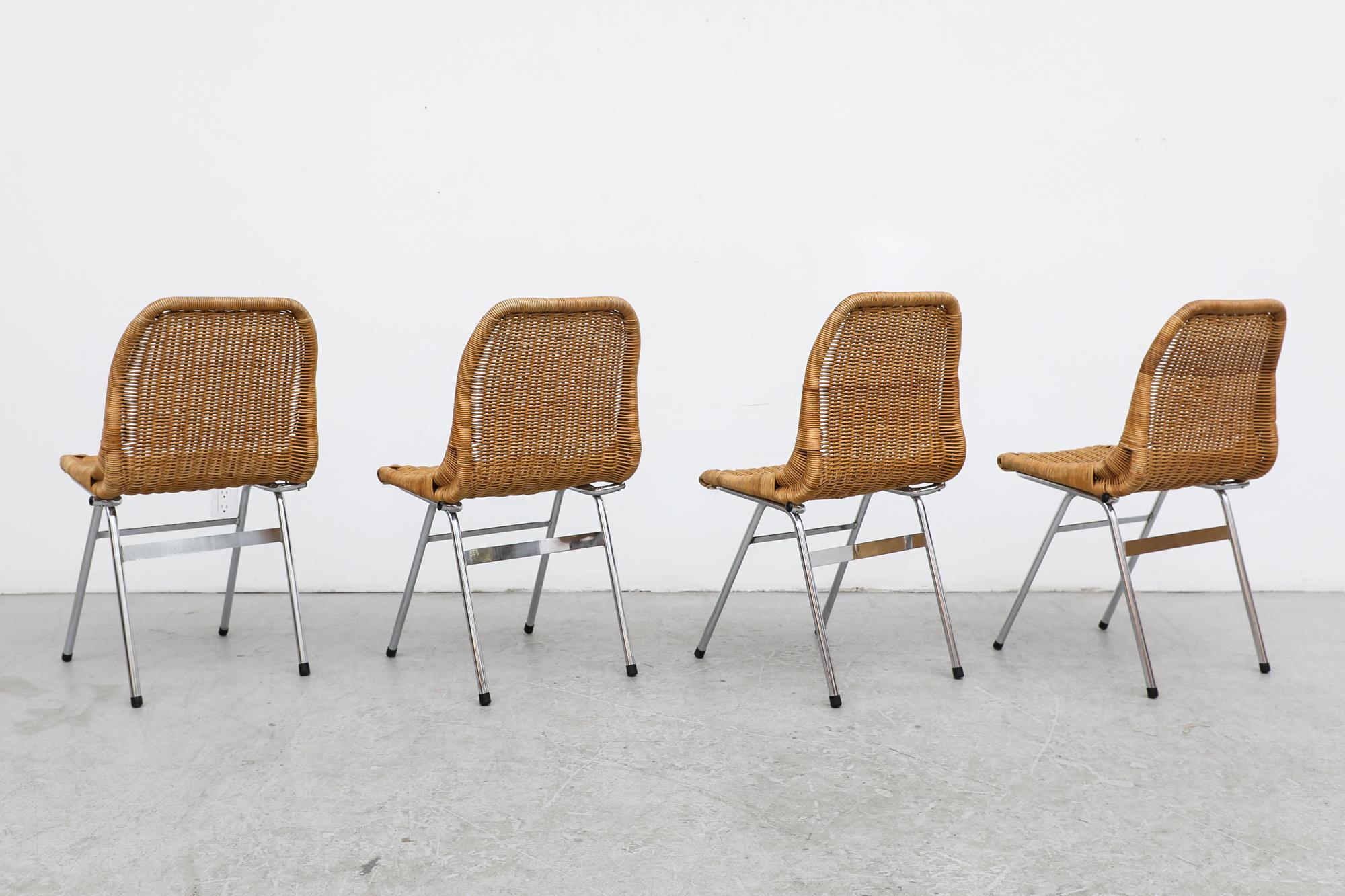 Set of 4 Dirk Van Sliedregt Rattan Chairs with Chrome Legs for Rohe Noordwolde In Good Condition In Los Angeles, CA