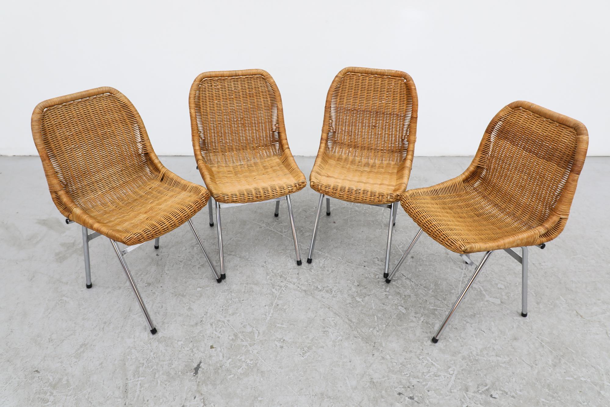 Mid-20th Century Set of 4 Dirk Van Sliedregt Rattan Chairs with Chrome Legs for Rohe Noordwolde