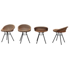 Set of 4 Dirk Van Sliedregt Style Rattan Bucket Stools