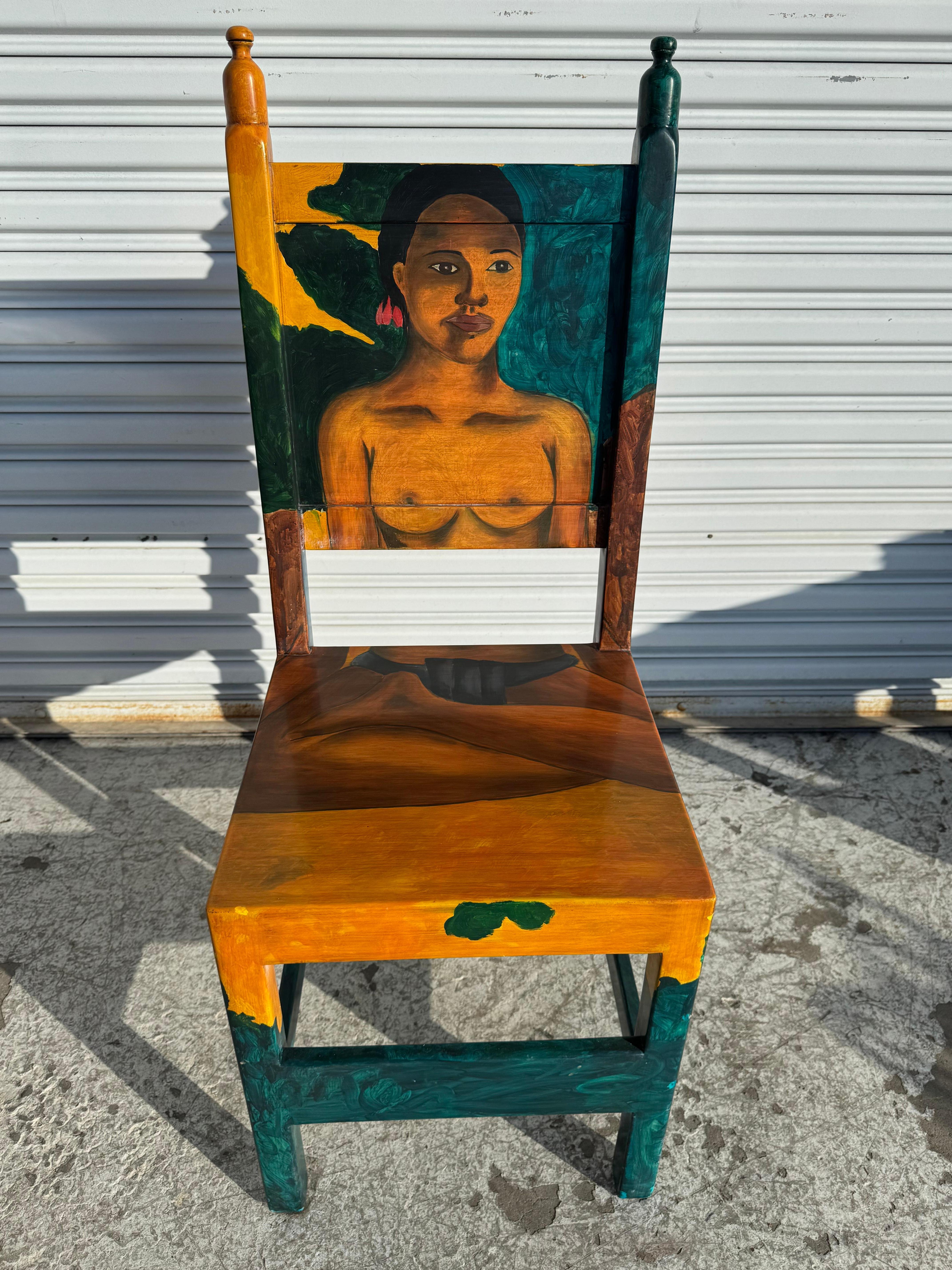 Set of 4 Disenos Caaesa Paul Gaugin Styled Hand painted Side Chairs For Sale 2