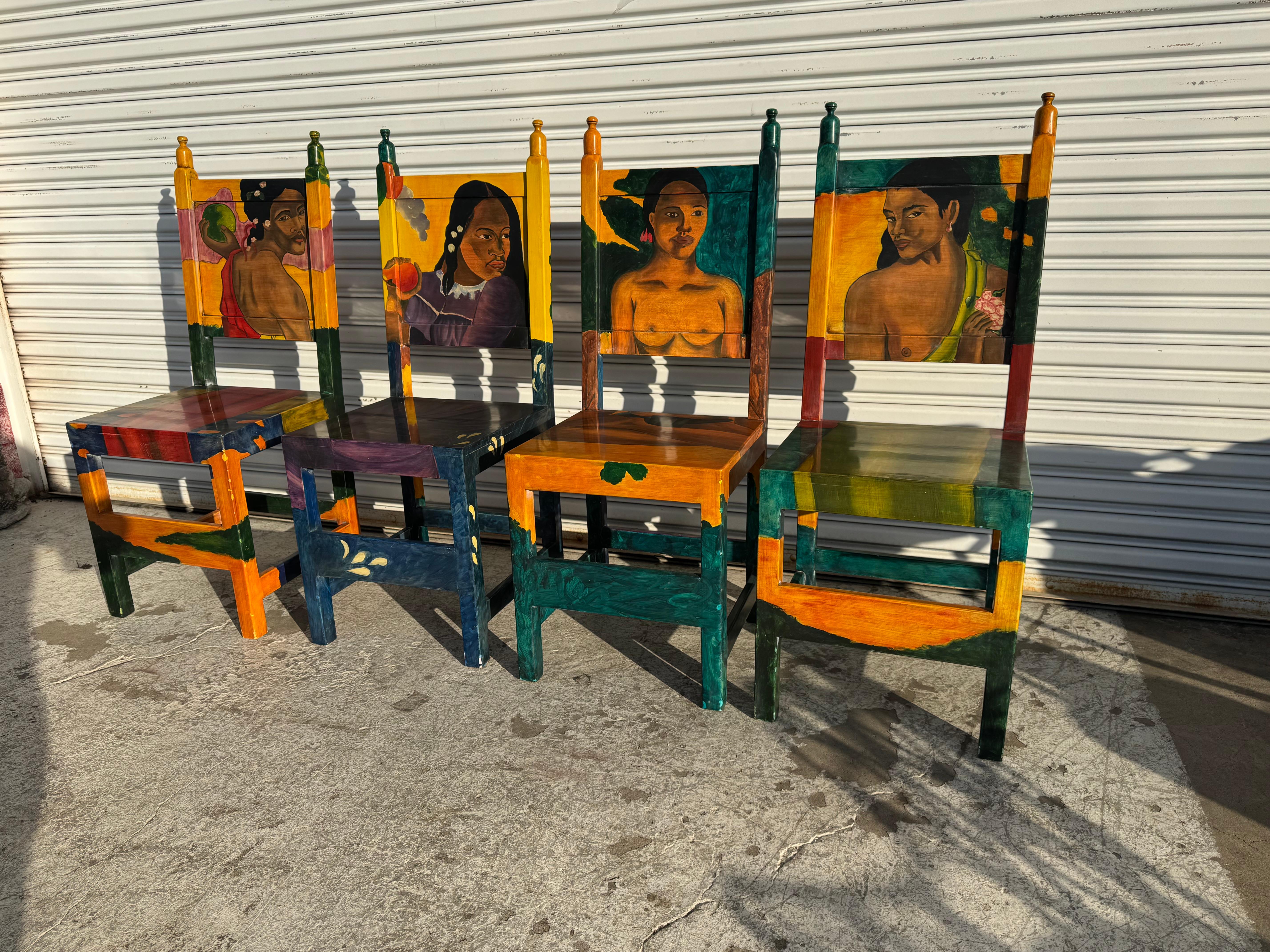 Expressionist Set of 4 Disenos Caaesa Paul Gaugin Styled Hand painted Side Chairs For Sale