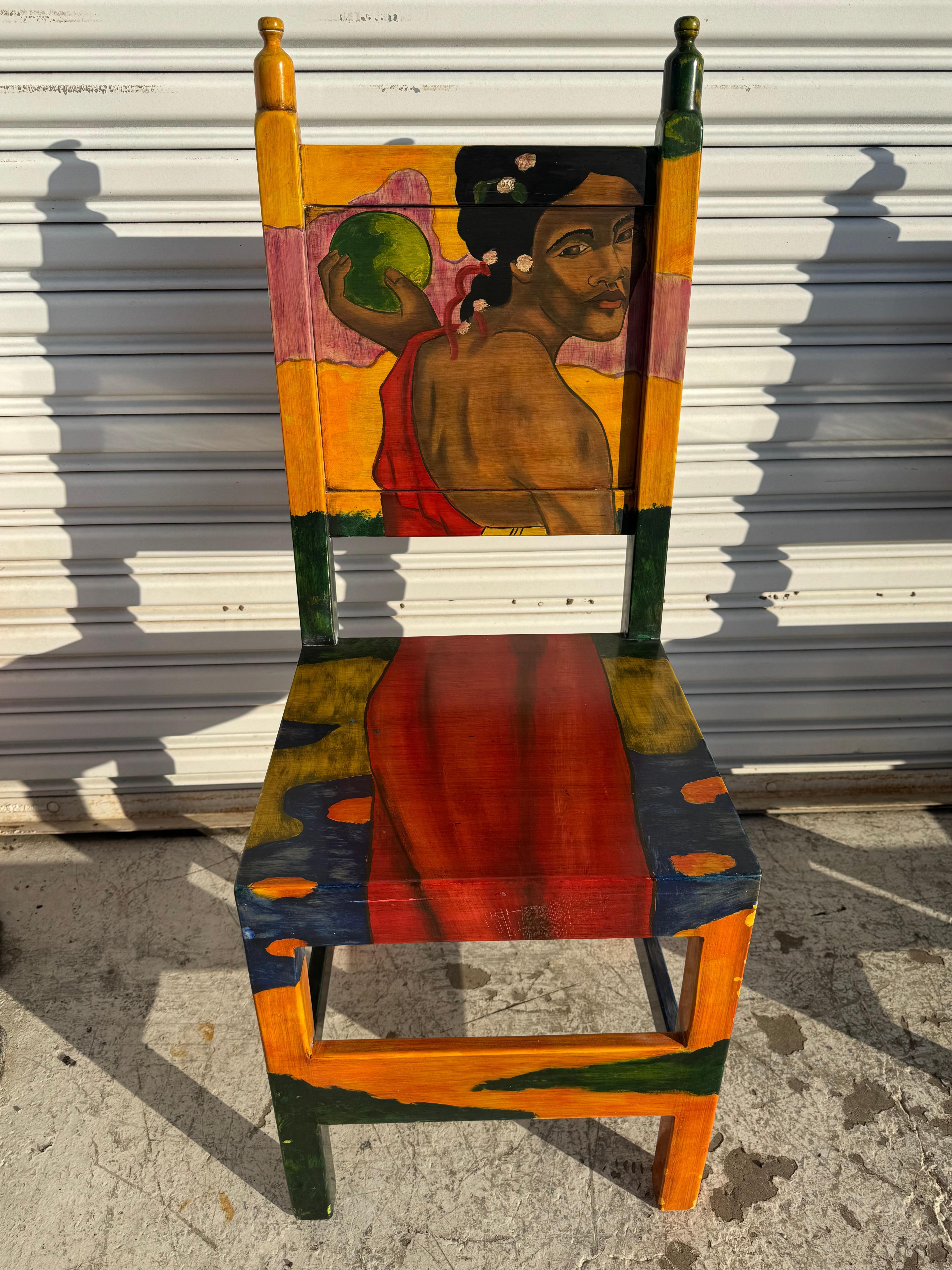 Spanish Set of 4 Disenos Caaesa Paul Gaugin Styled Hand painted Side Chairs For Sale