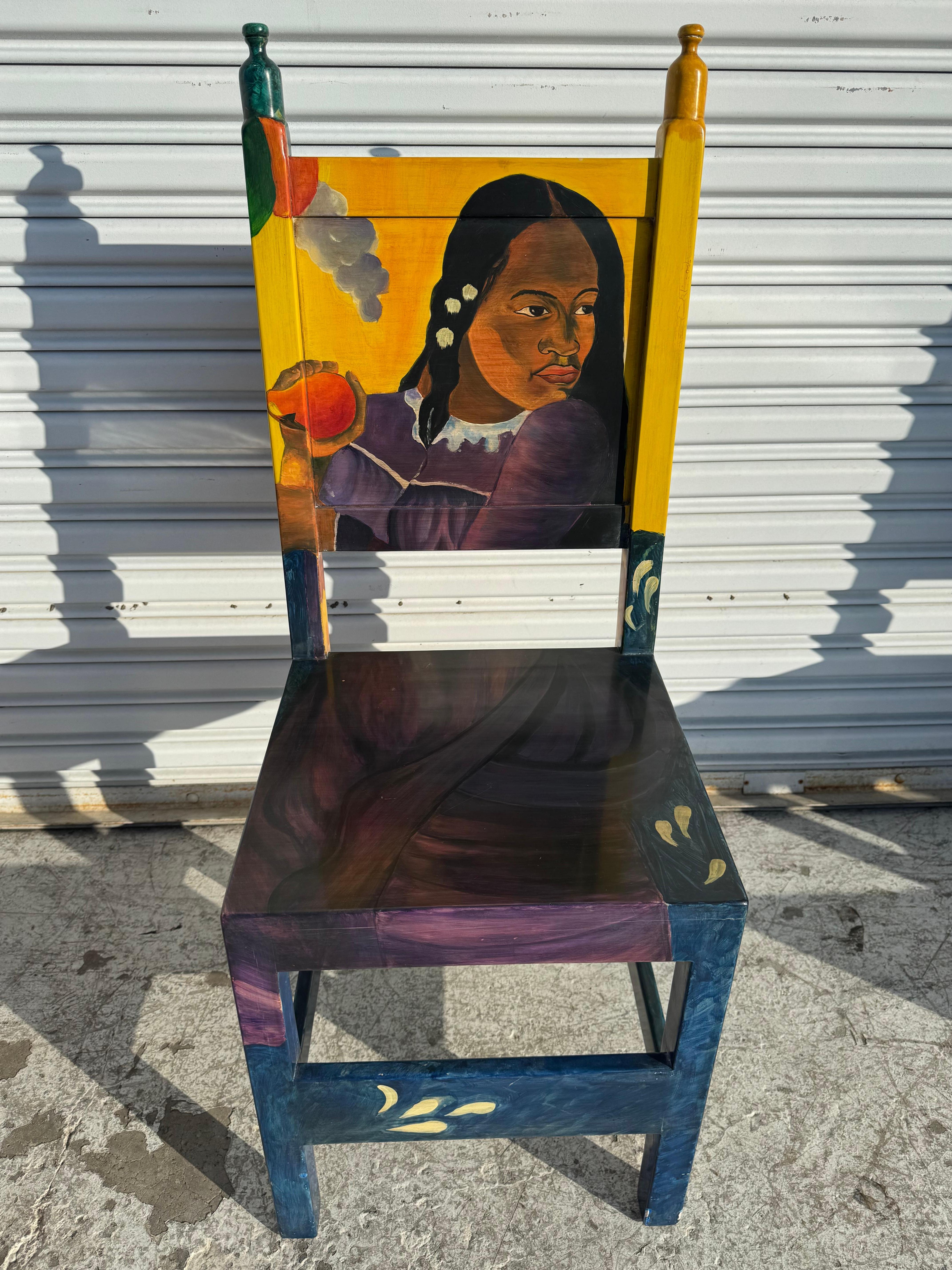 Set of 4 Disenos Caaesa Paul Gaugin Styled Hand painted Side Chairs In Good Condition For Sale In Pasadena, TX