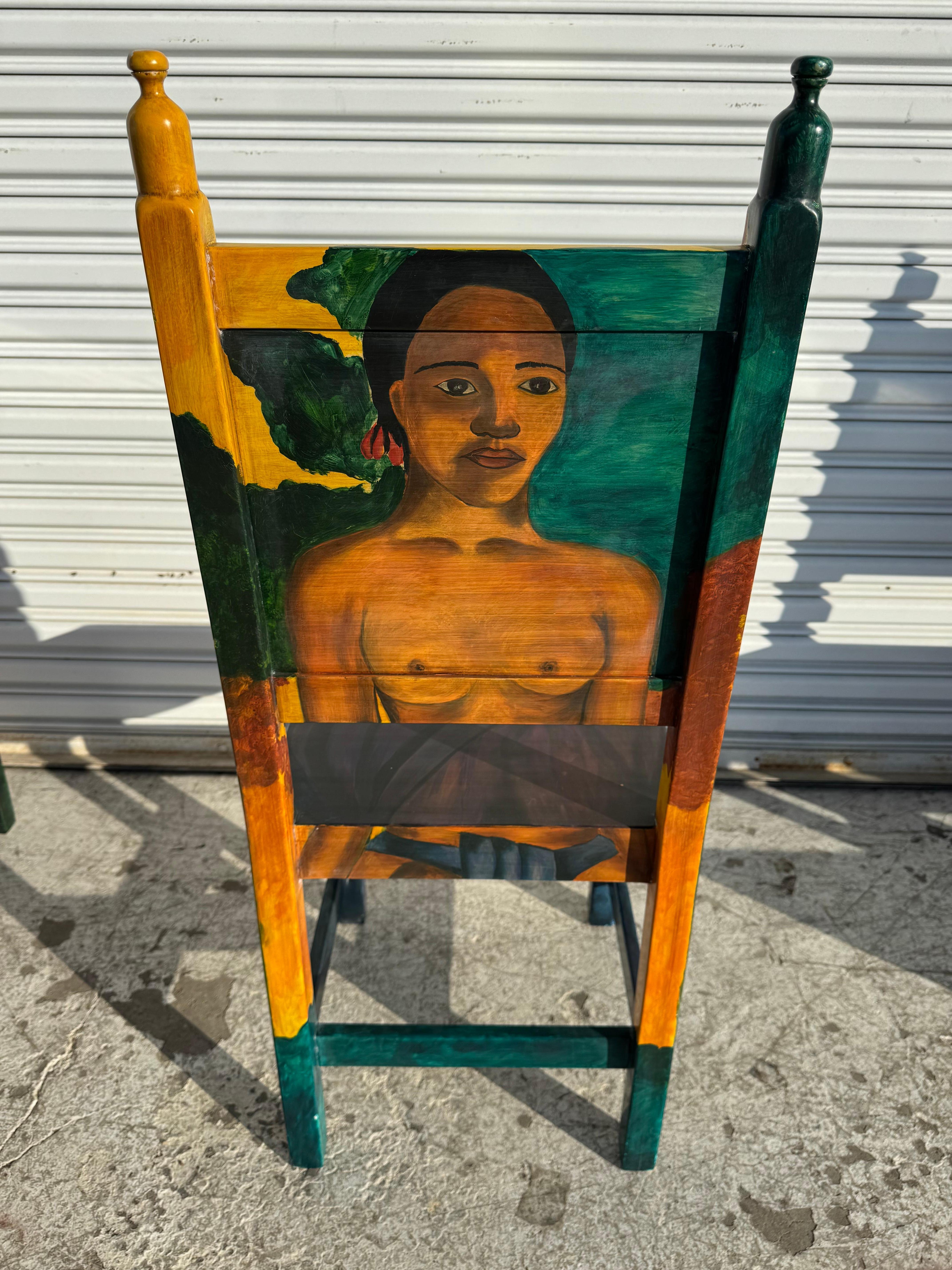 20th Century Set of 4 Disenos Caaesa Paul Gaugin Styled Hand painted Side Chairs For Sale