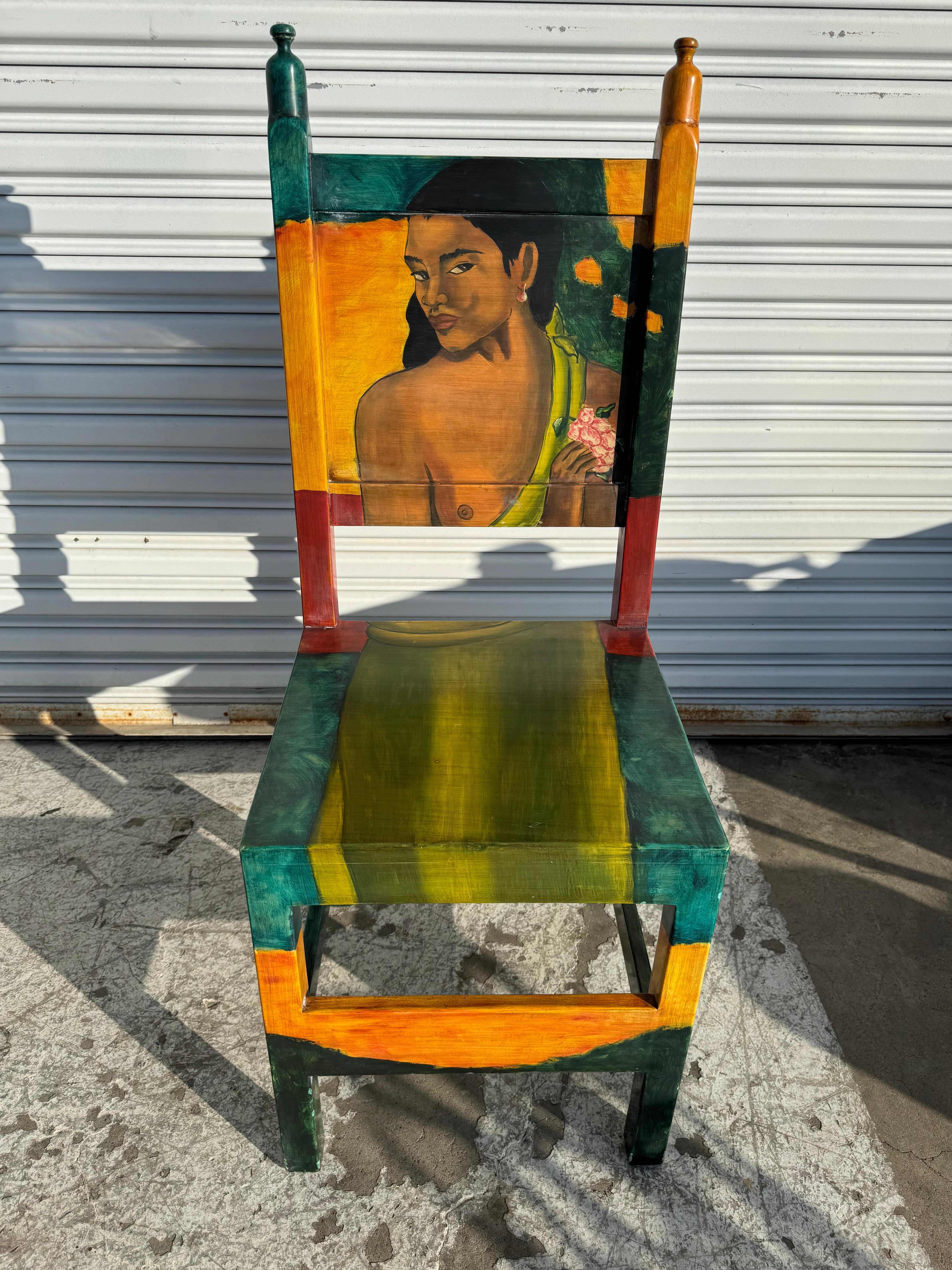 Wood Set of 4 Disenos Caaesa Paul Gaugin Styled Hand painted Side Chairs For Sale