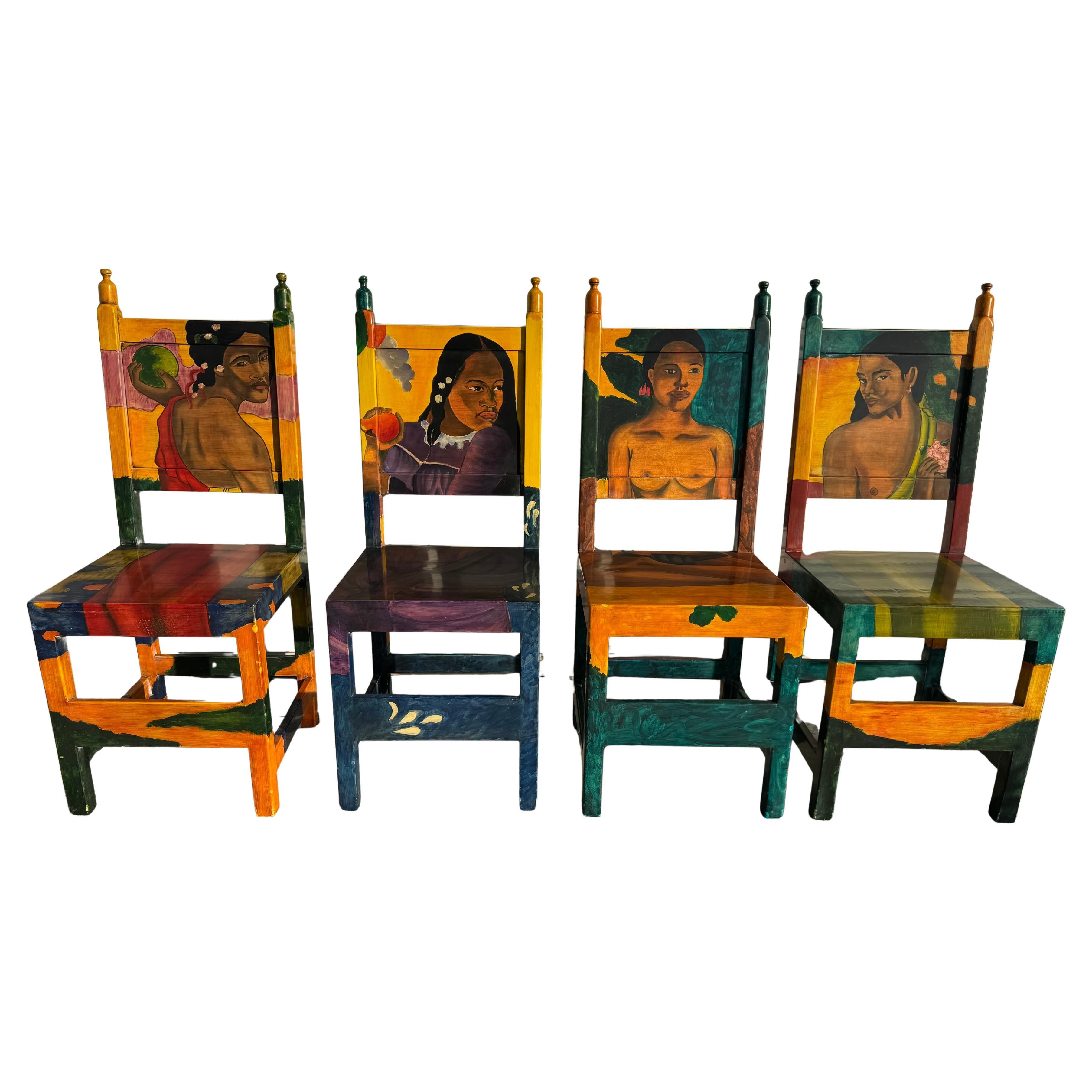 Set of 4 Disenos Caaesa Paul Gaugin Styled Hand painted Side Chairs For Sale