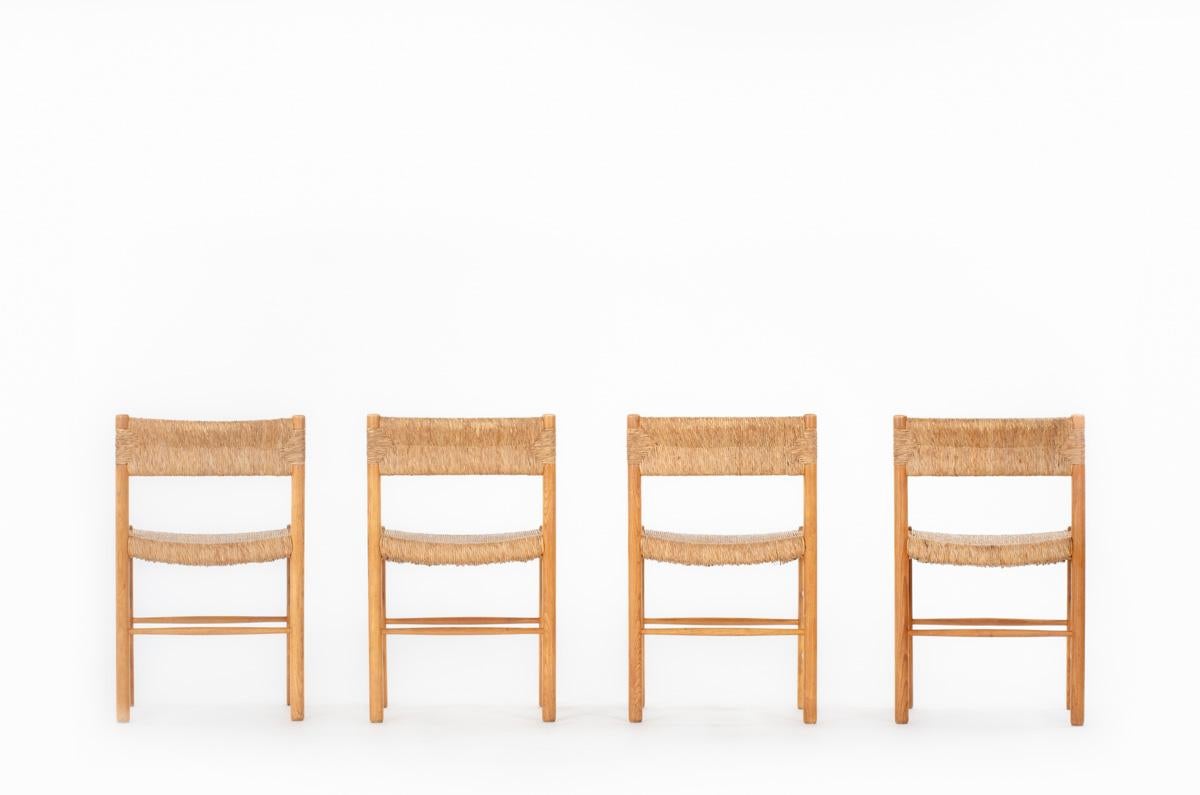 French Set of 4 Dordogne chairs ash and straw by Sentou 1950 For Sale