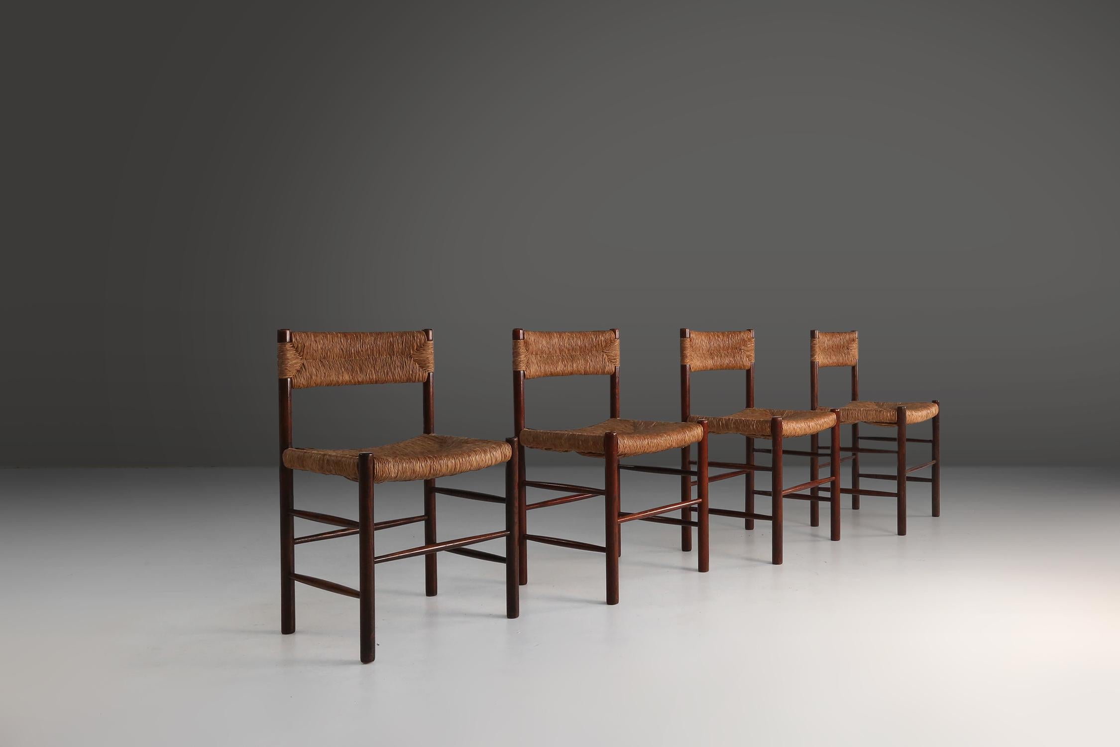 Mid-Century Modern Set of 4 Dordogne chairs by Charlotte Perriand for Sentou, France, 1950s For Sale