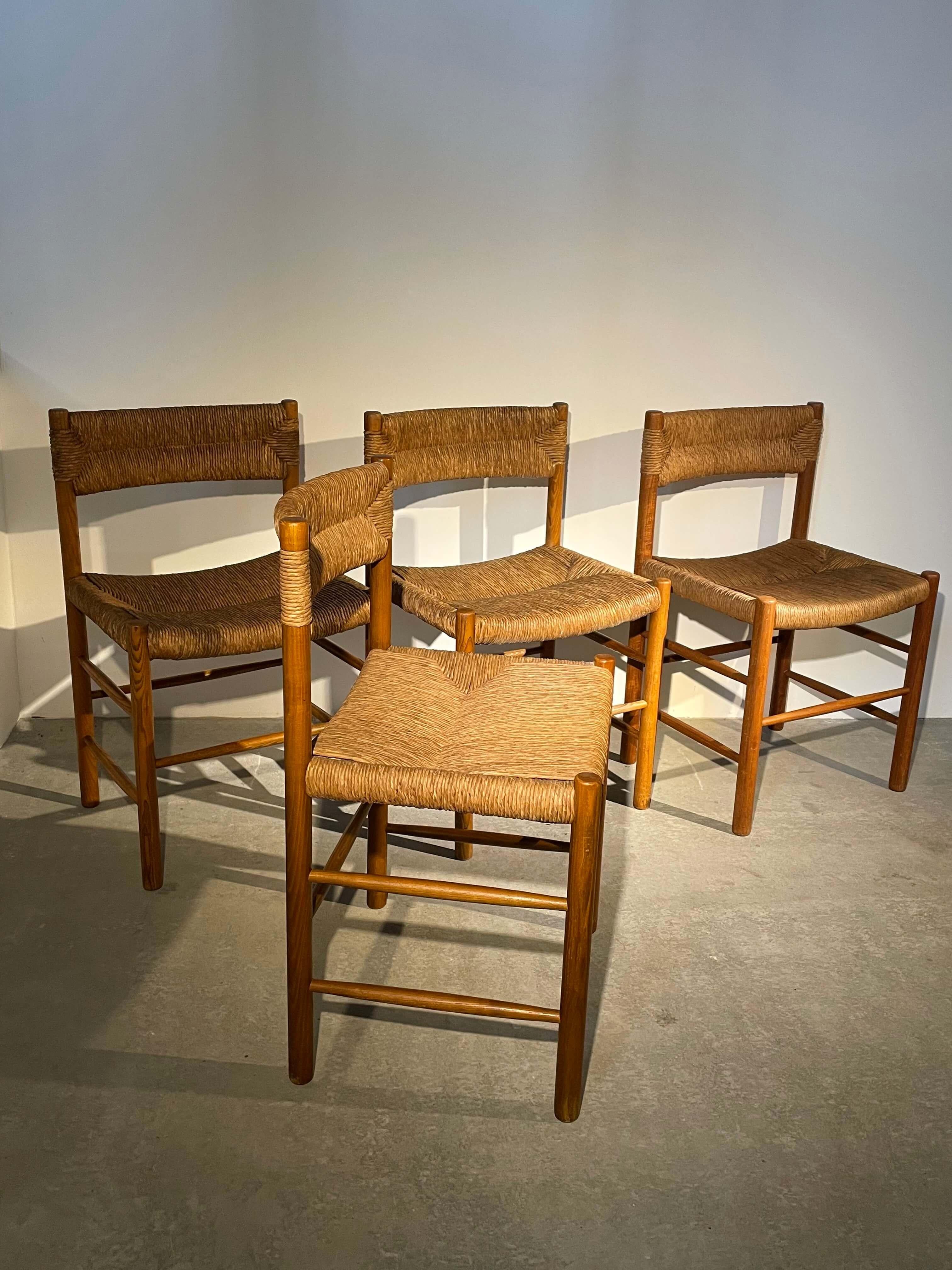 Mid-Century Modern Set of 4 Dordogne chairs, Robert Sentou for Charlotte Perriand, France 1960 For Sale