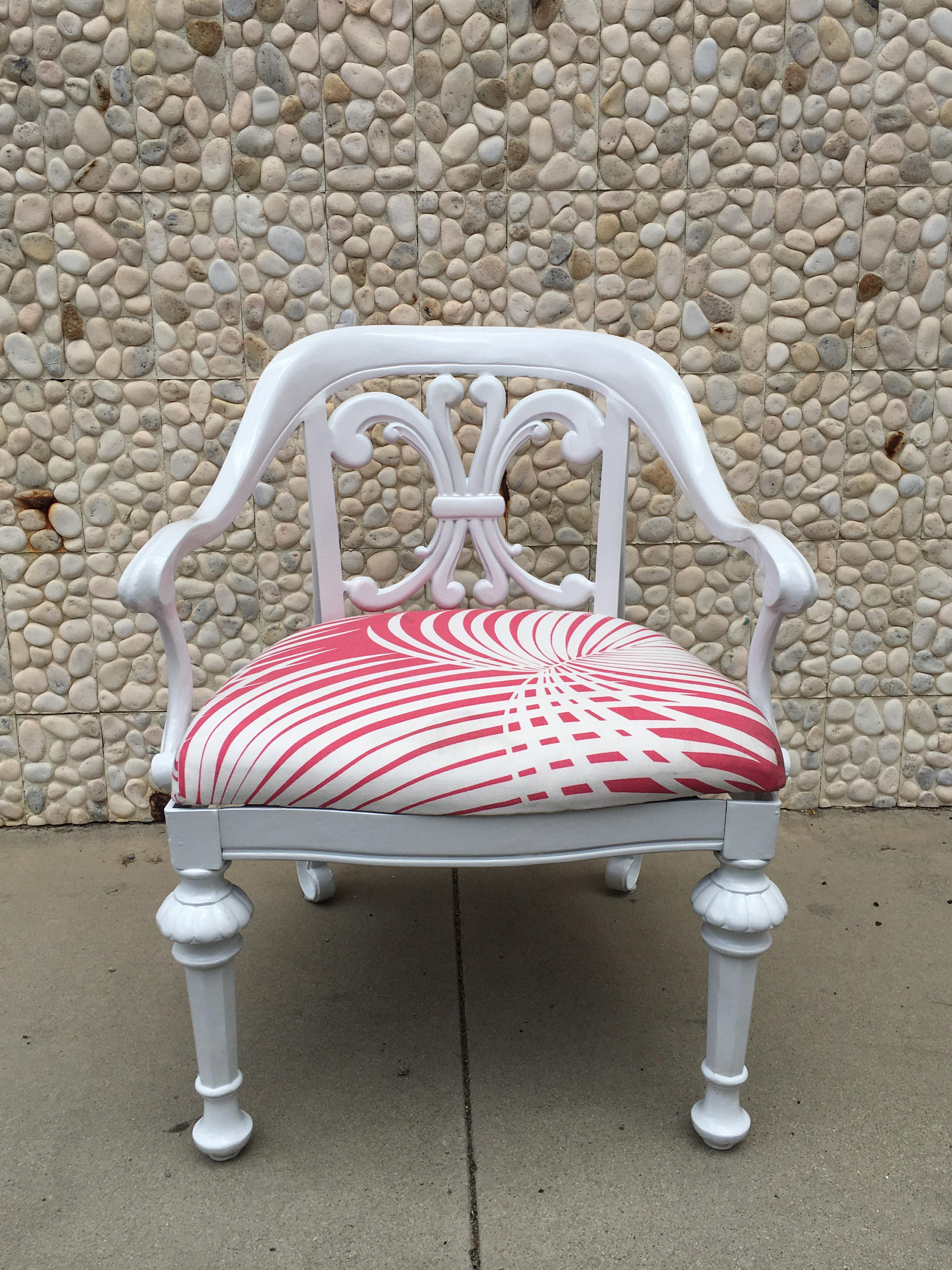 A set of 4 rare patio chairs designed by Dorothy Draper for Kessler Industries, an American company. This set has a matching table available separately. Very Hollywood Regency Glamour. Recently redone in high gloss white. New tropical Hot Pink and