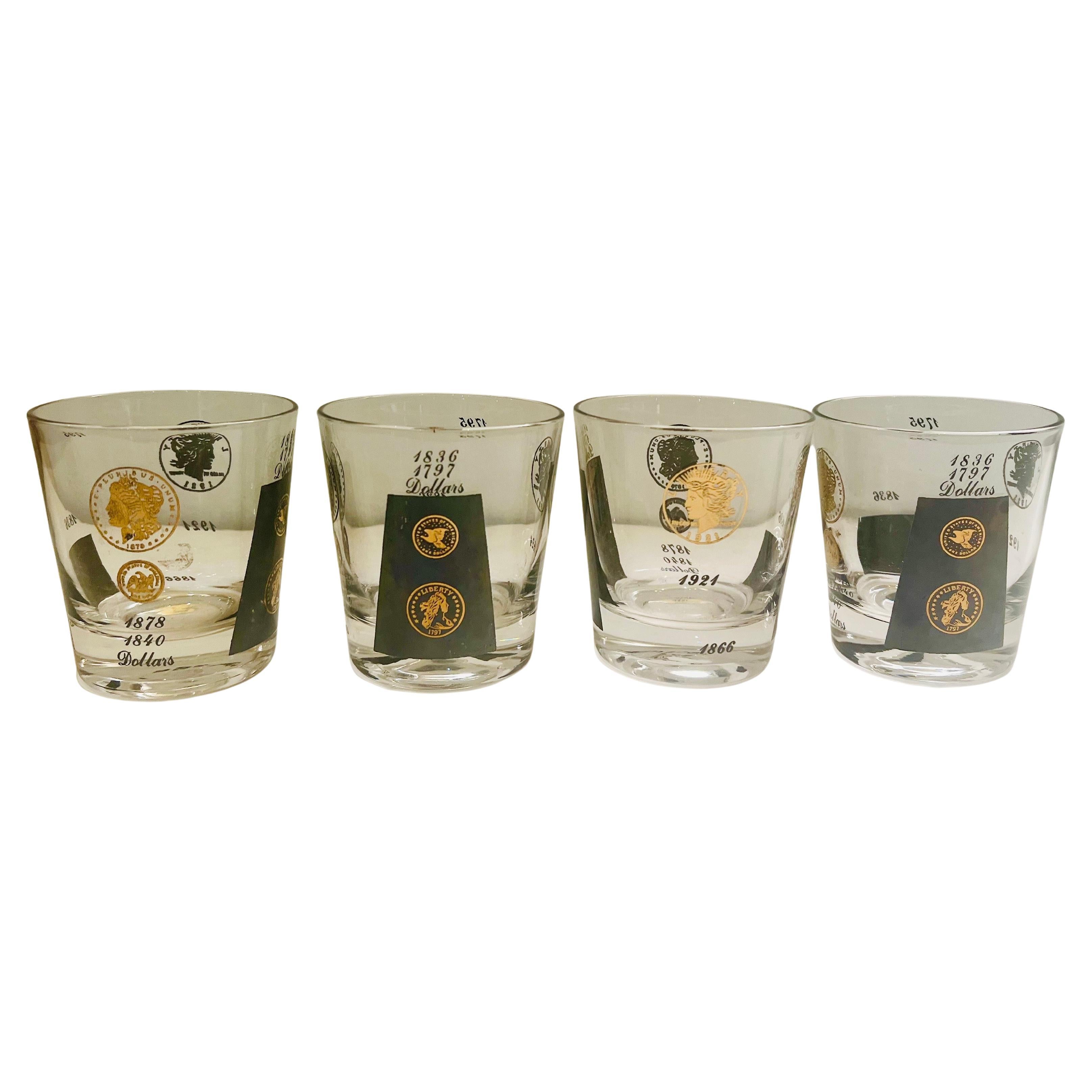 Set of 4 Double Old Fashioned Gold & Black Coin Glasses by Cera 1960's