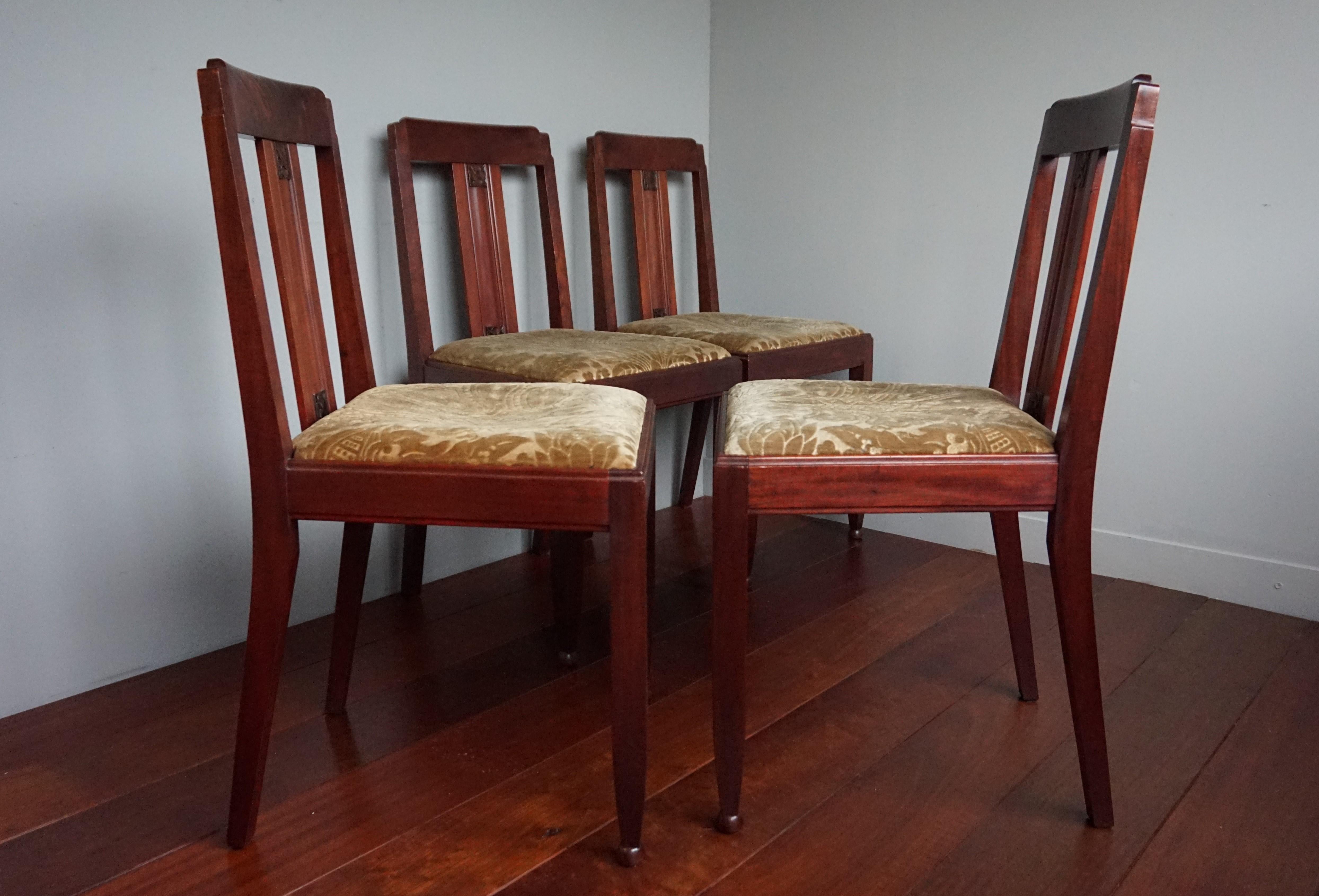 Top quality Arts and Crafts workmanship chairs, in near-mint condition.

If you are looking for the best condition and materials antiques only then this set of four dining chairs could be yours to own, use and enjoy soon. Over the years we have sold