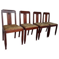 Antique Set of 4 Arts & Crafts Patinated Walnut Dining Chairs w. Inlaid Stylized Flowers