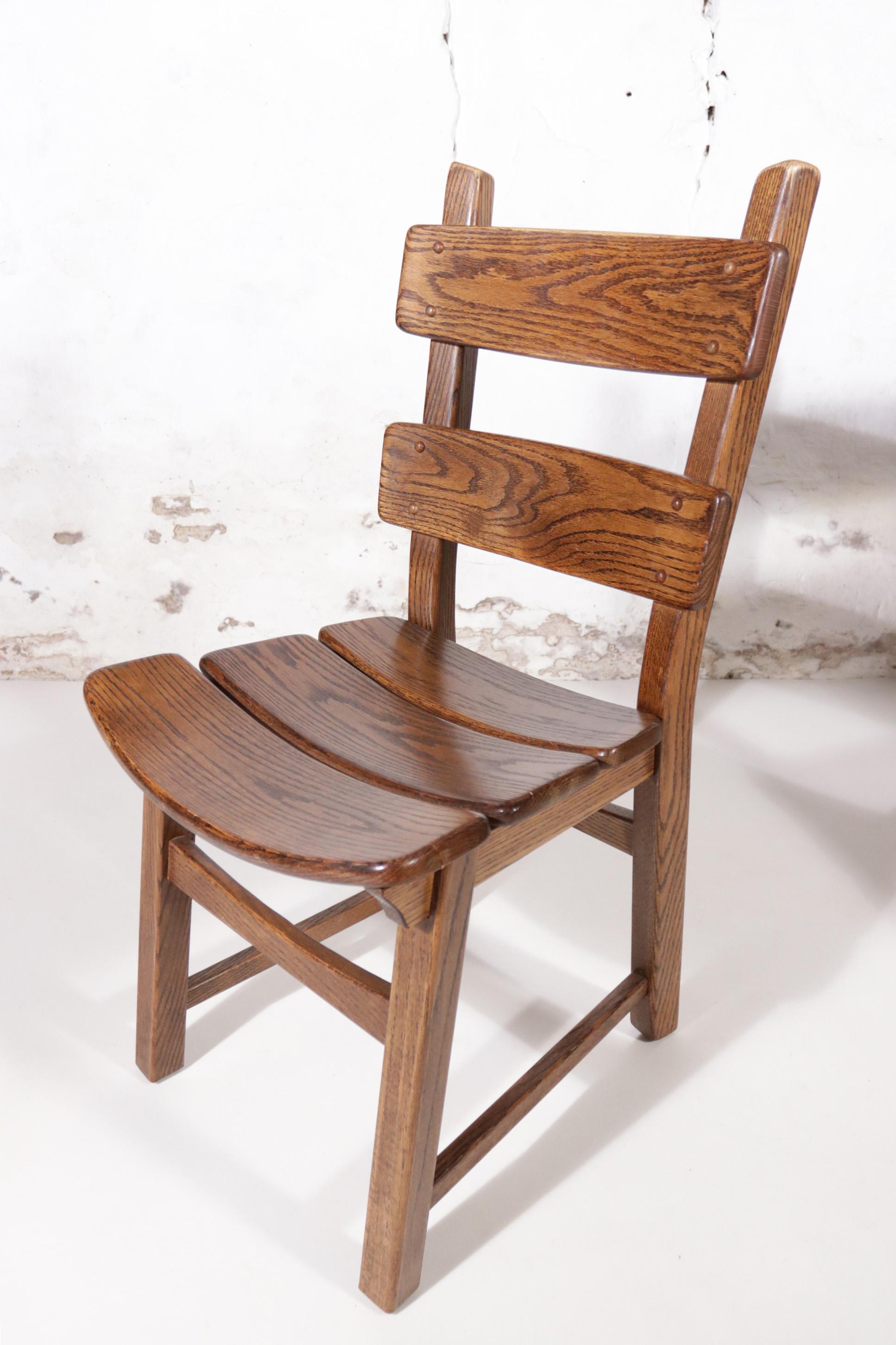 Set of 4 Dutch Brutalist Style Oak Ladder Back Dining Chairs 5