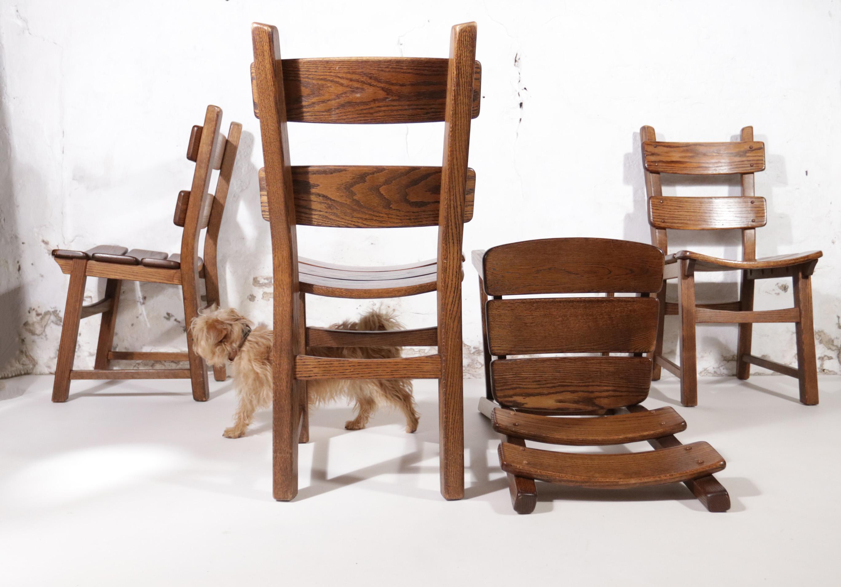 Set of 4 Dutch Brutalist Style Oak Ladder Back Dining Chairs 8