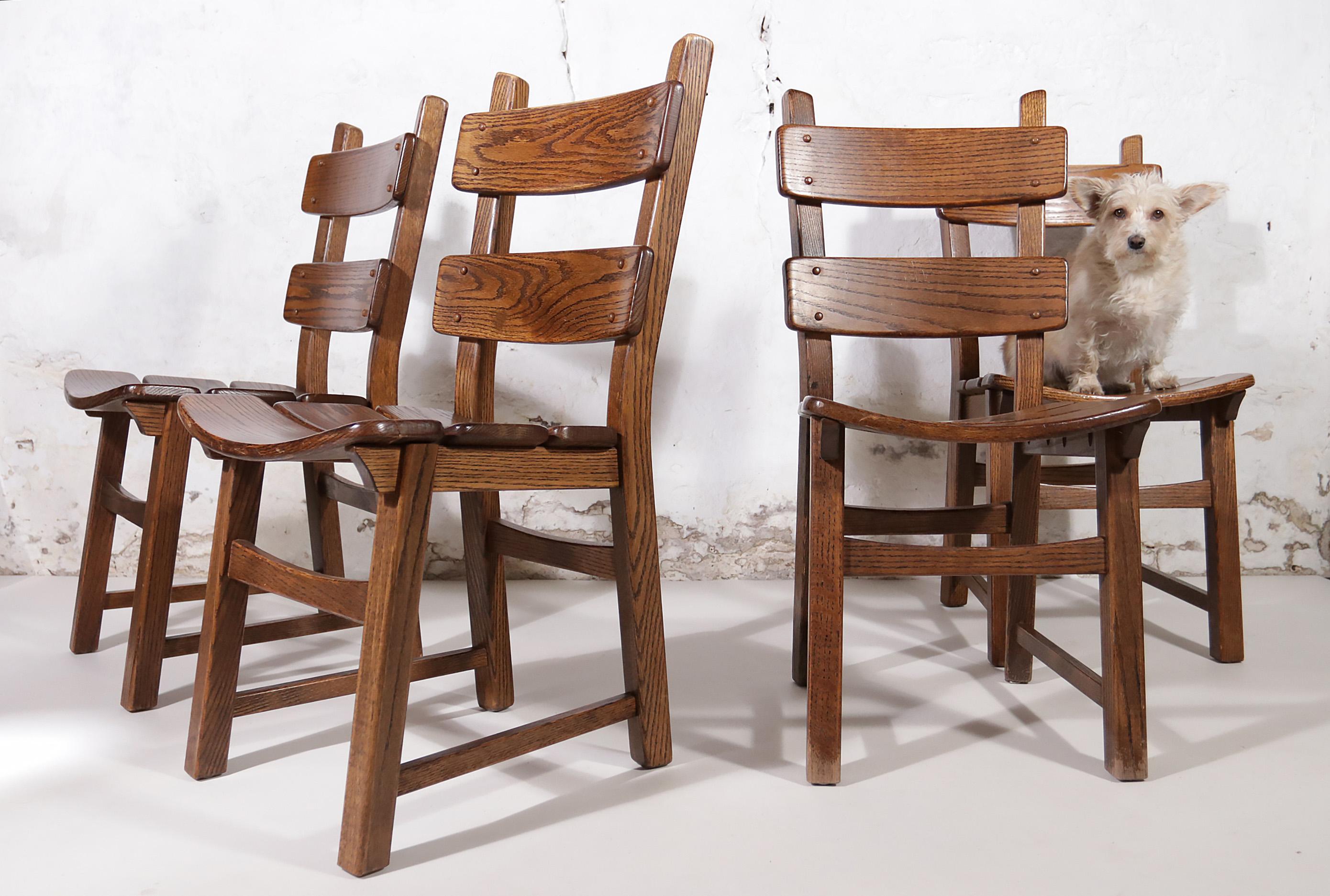 Set of 4 Dutch Brutalist Style Oak Ladder Back Dining Chairs 11