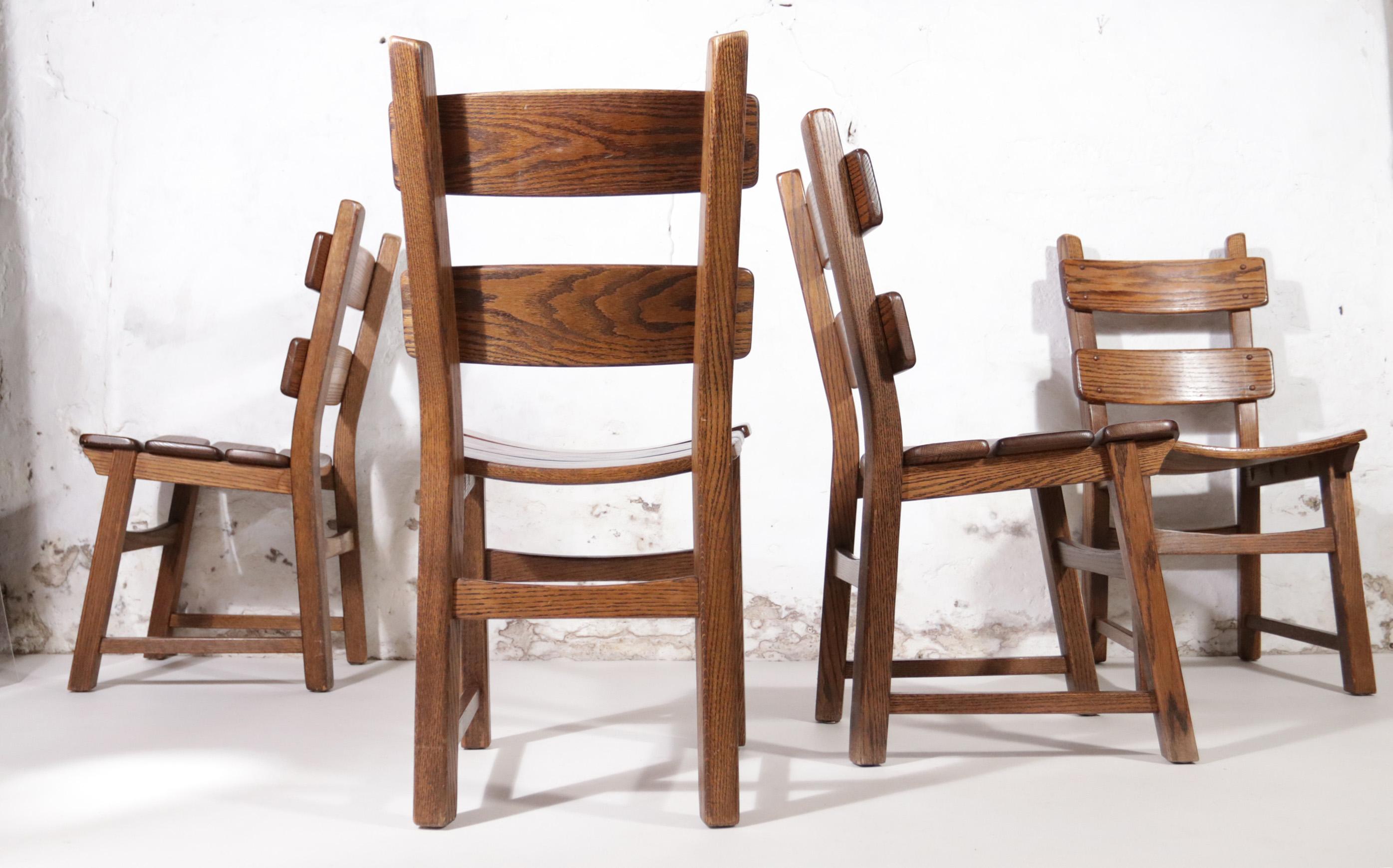 Set of 4 Dutch Brutalist Style Oak Ladder Back Dining Chairs 13