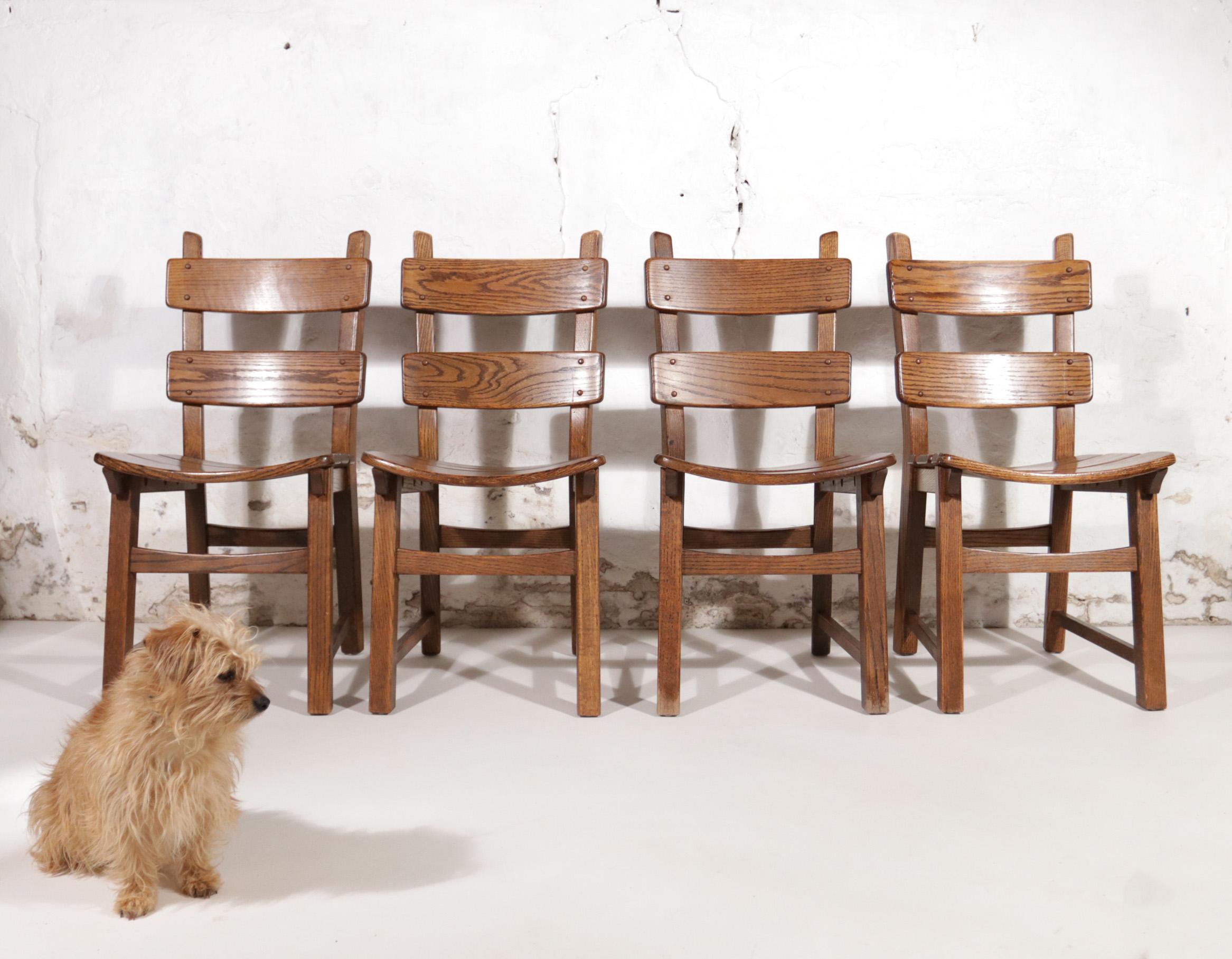 Set of 4 Dutch Brutalist Style Oak Ladder Back Dining Chairs 15