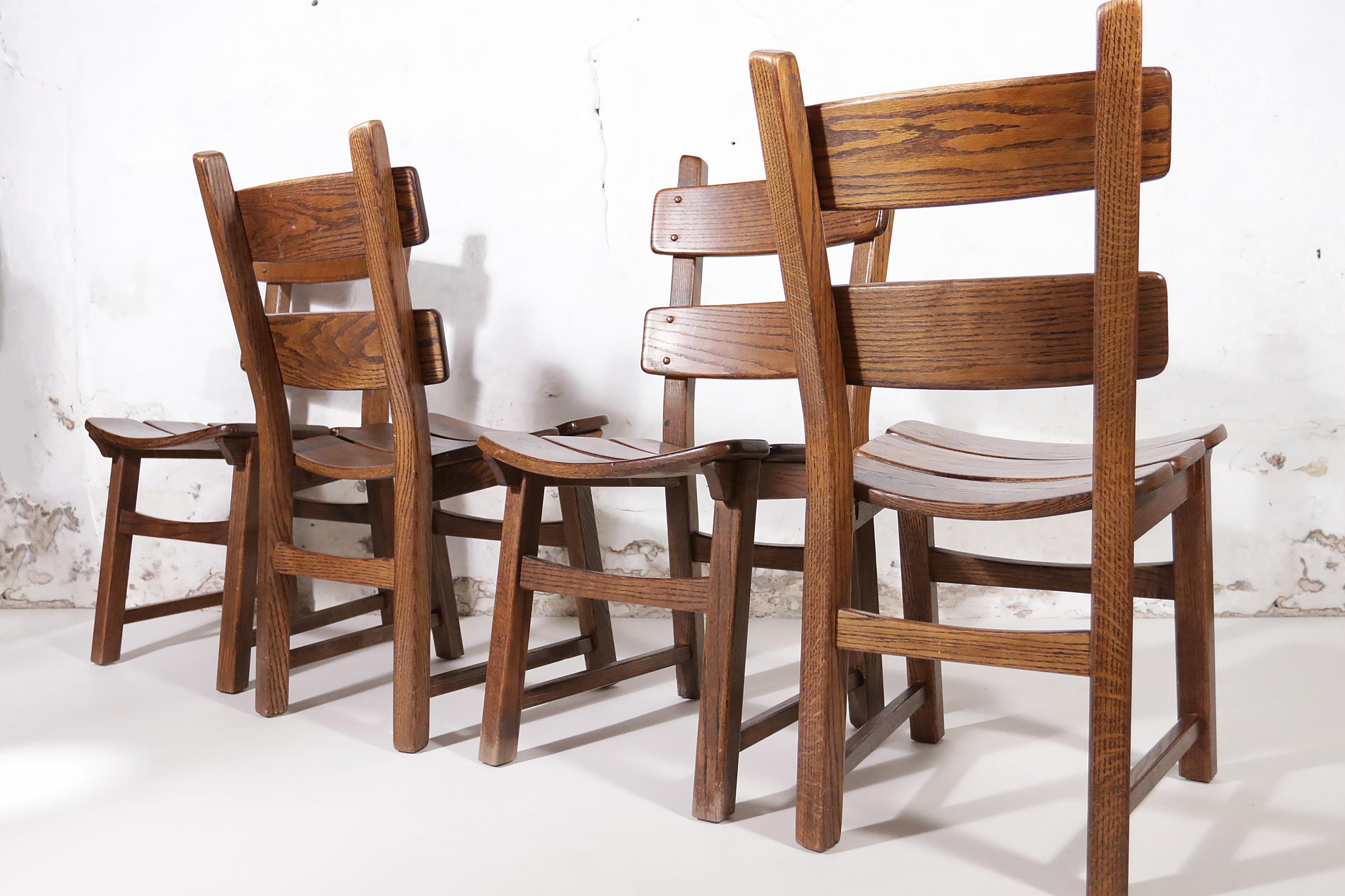 Mid-Century Modern Set of 4 Dutch Brutalist Style Oak Ladder Back Dining Chairs