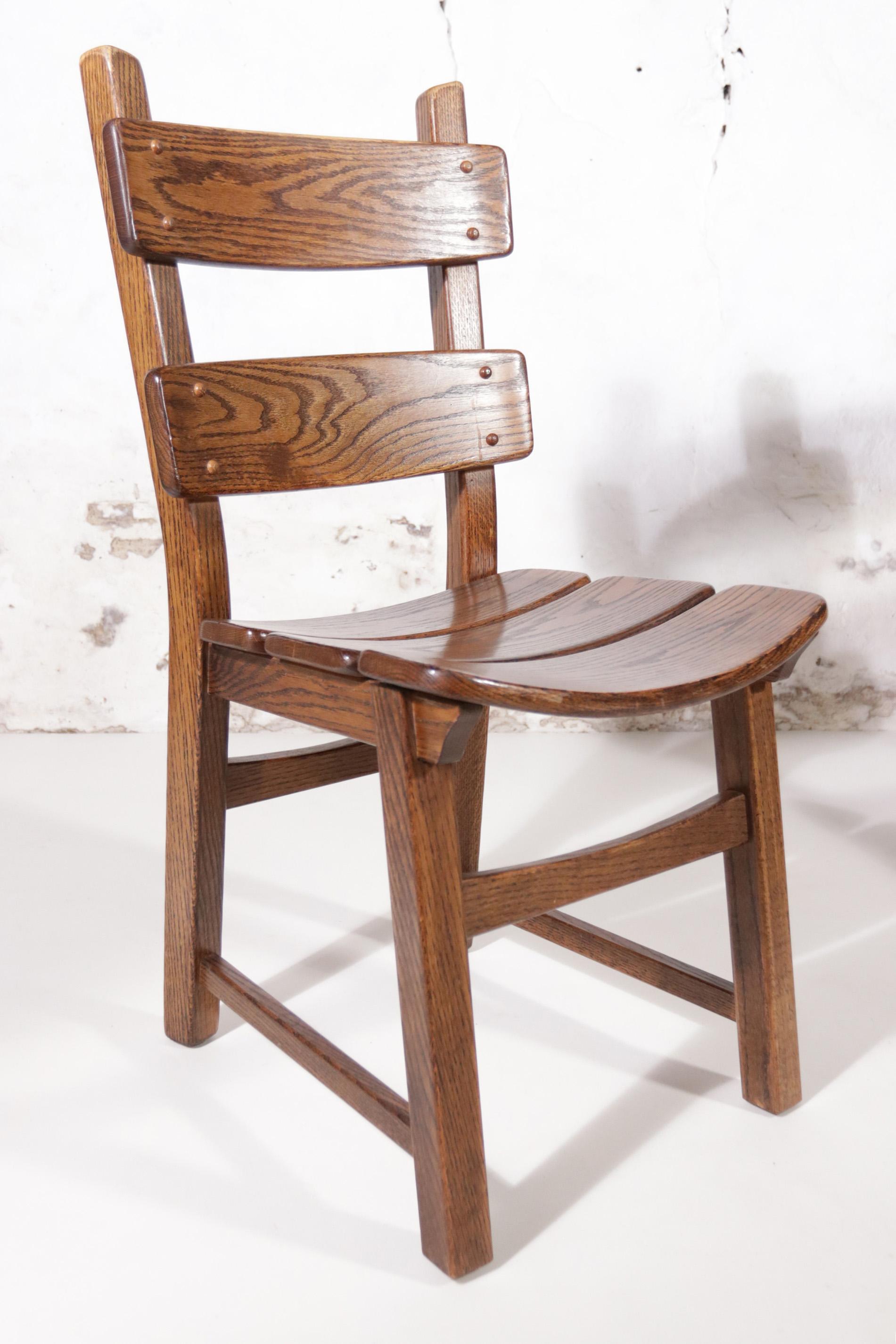 Set of 4 Dutch Brutalist Style Oak Ladder Back Dining Chairs 1
