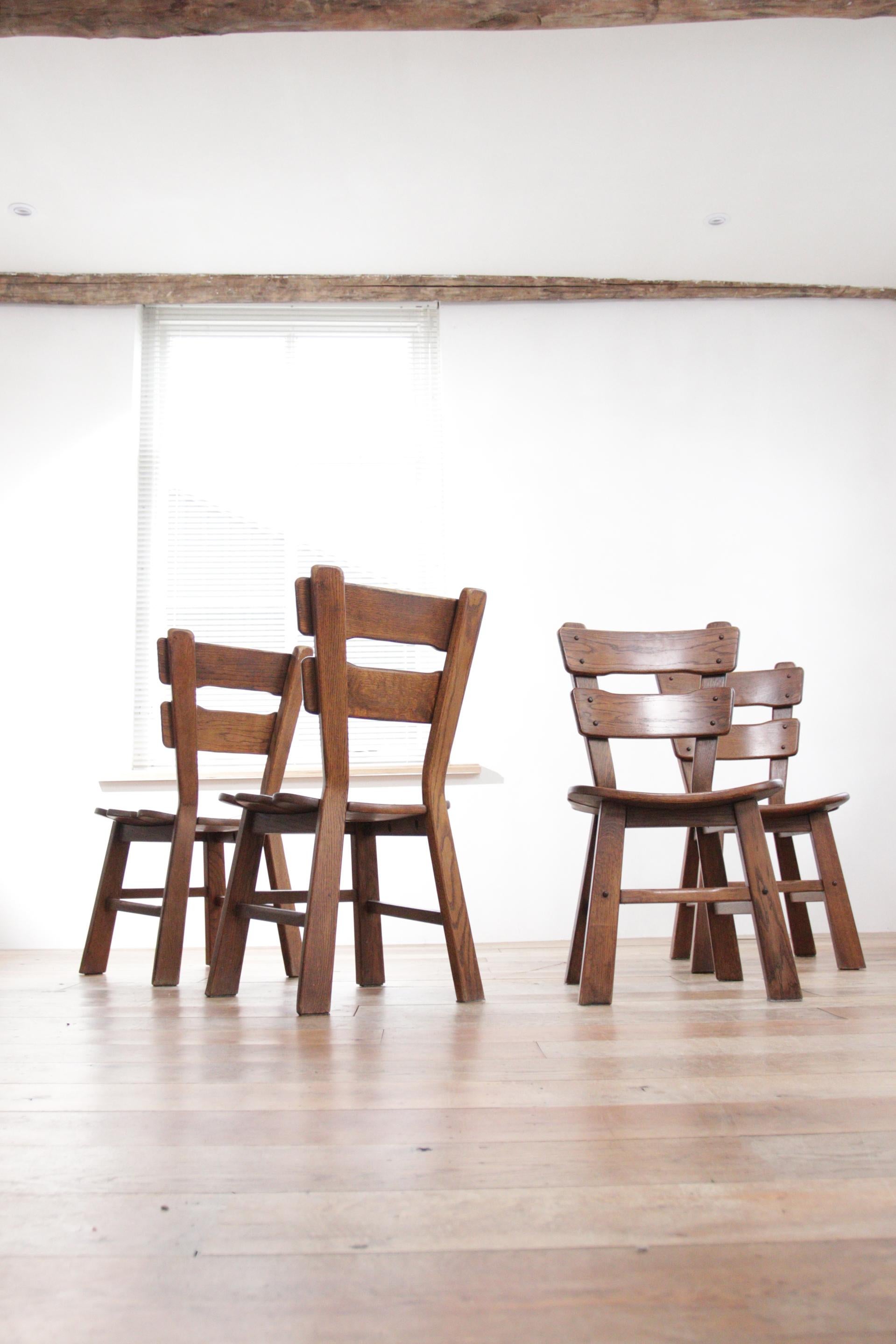 Set of 4 Dutch Brutalist Style Oak Ladder Back Dining Chairs In Good Condition For Sale In Boven Leeuwen, NL