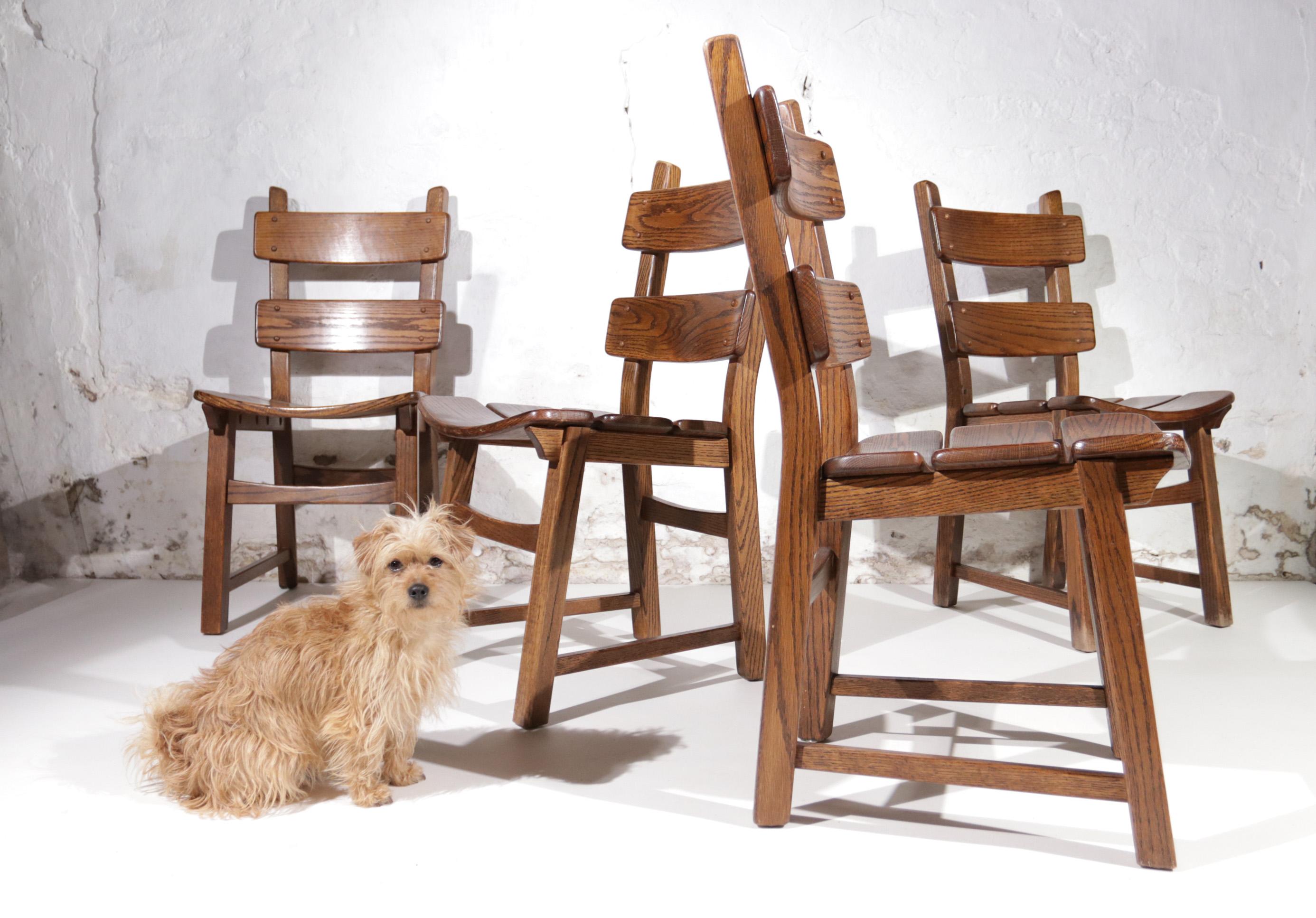 Set of 4 Dutch Brutalist Style Oak Ladder Back Dining Chairs 4