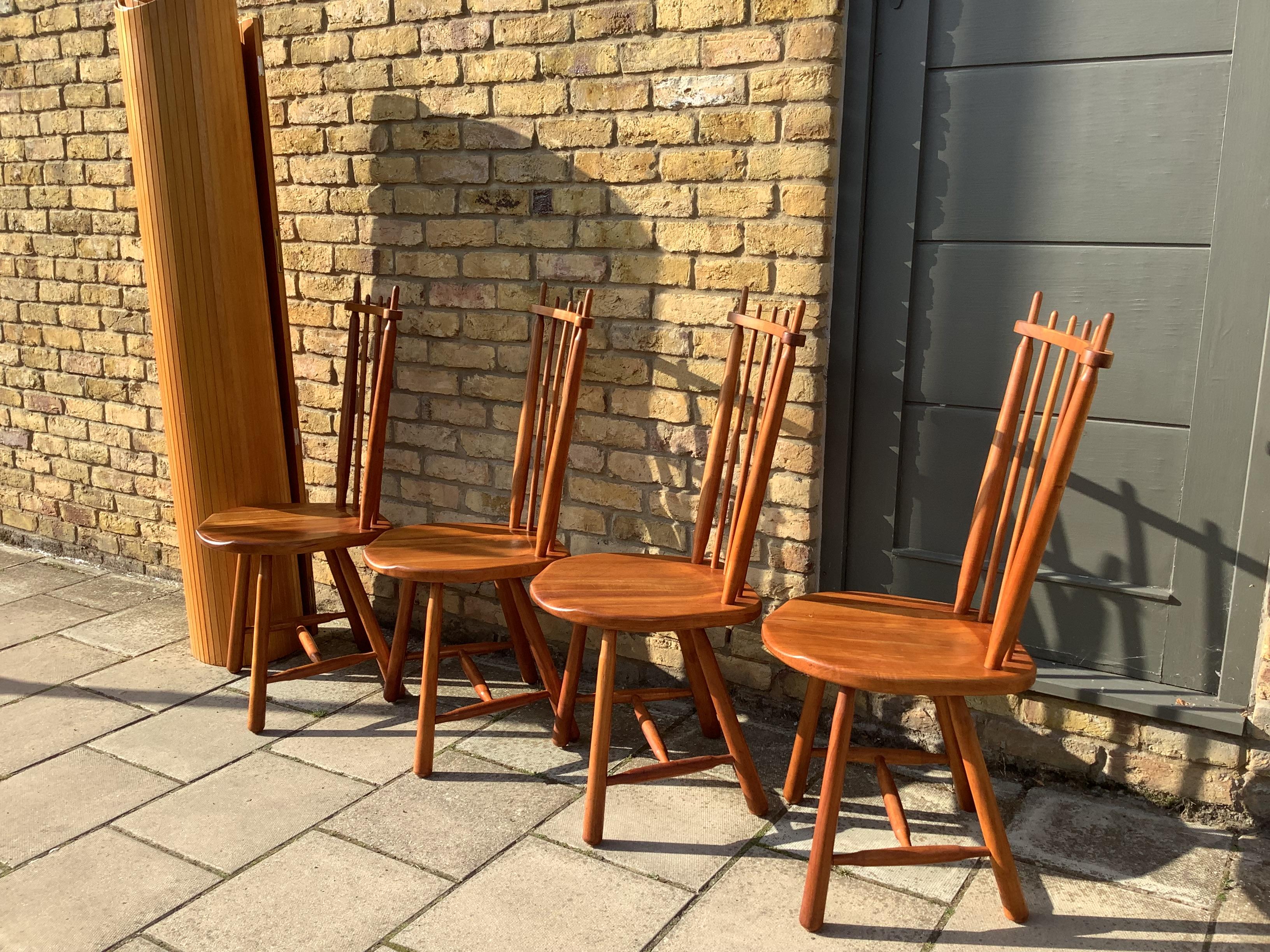 wonderful set of 4 dining chairs from Dutch Manufacturer, De Ster Gelderland from the centre-east of the Netherland produced many of the most well -known
 Dutch chairs of the mid-20th century. Their expertise in woodworking is evident 
in this set